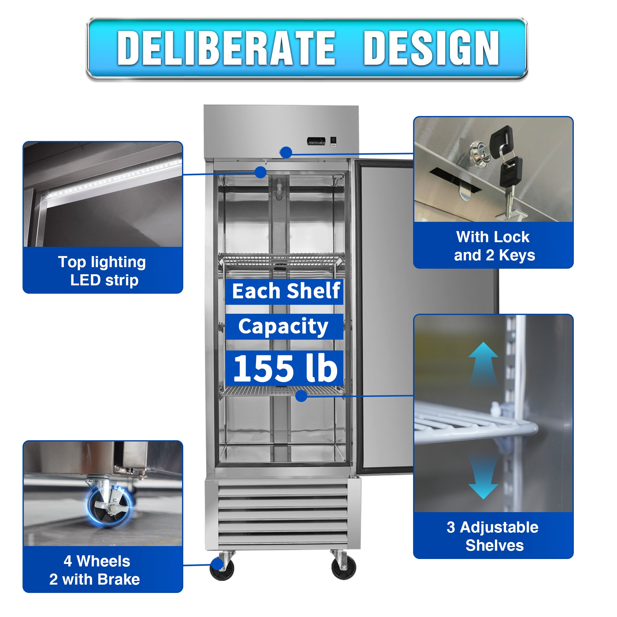 WHALL 27" Commercial Refrigerator 23 Cu.ft with 1 Solid Door Reach-In Refrigerators Stainless Steel ETL Approved Upright Fridge Storage
