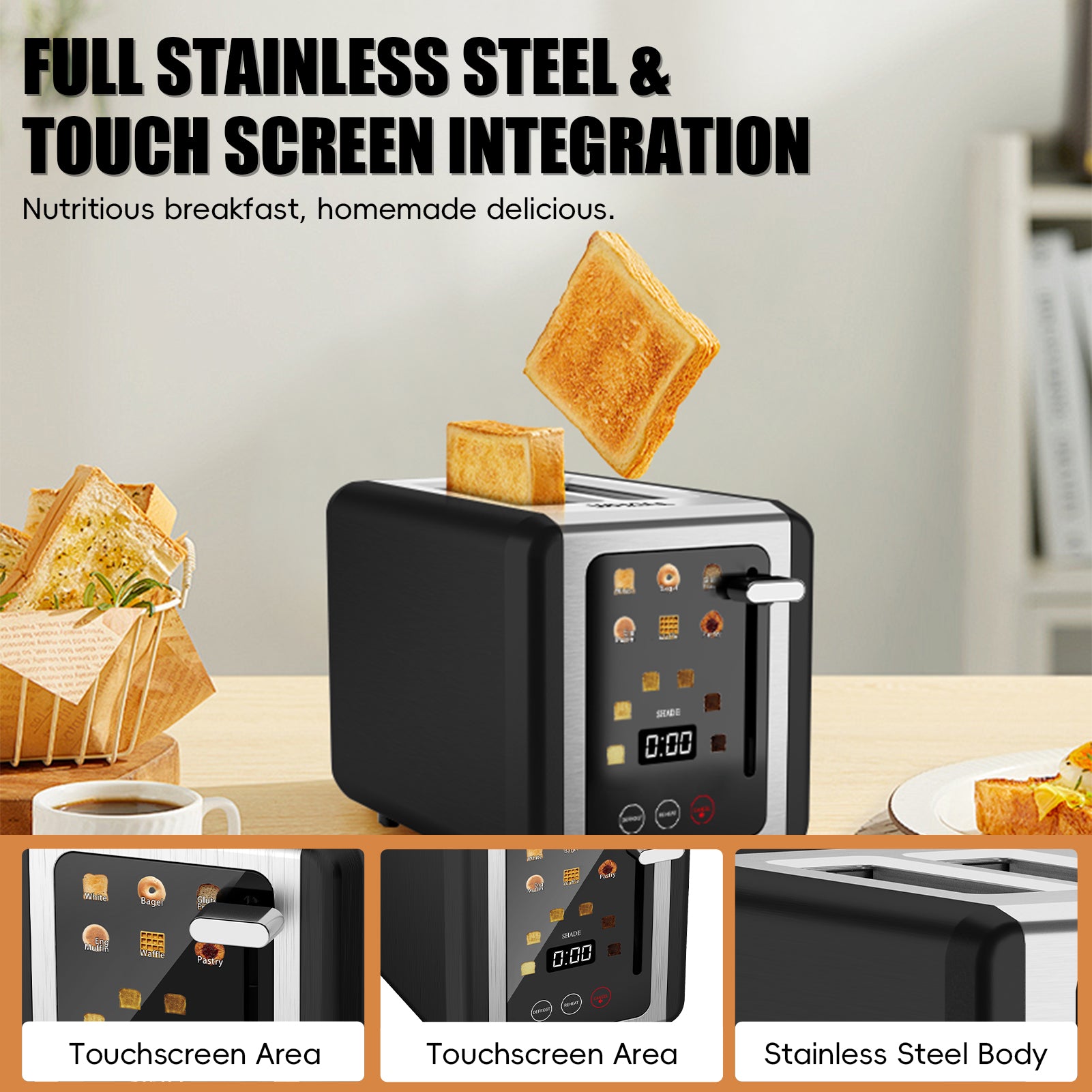 WHALLULTRA 2 Slice Touchscreen Toaster - 1.5" Wide Slots, Stainless Steel Body, Bagel/Defrost Modes, 850W Efficient Toaster, Black