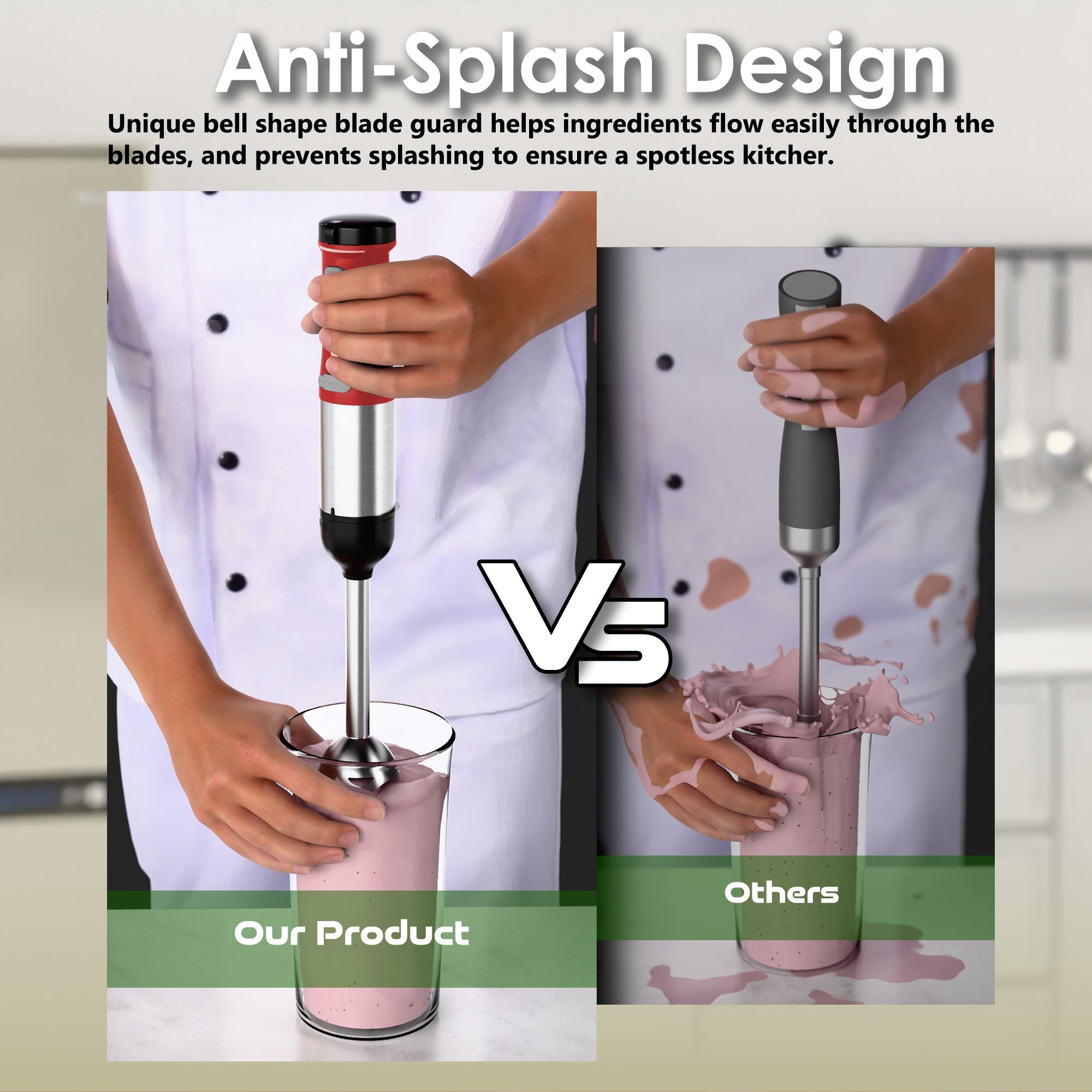 WHALL 5-in-1 Cordless Immersion Blender, Rechargeable Hand Blender with Whisk, Milk Frother Attachments, Portable Stick mixed,700ml Beaker, 500ml Chopper,Red