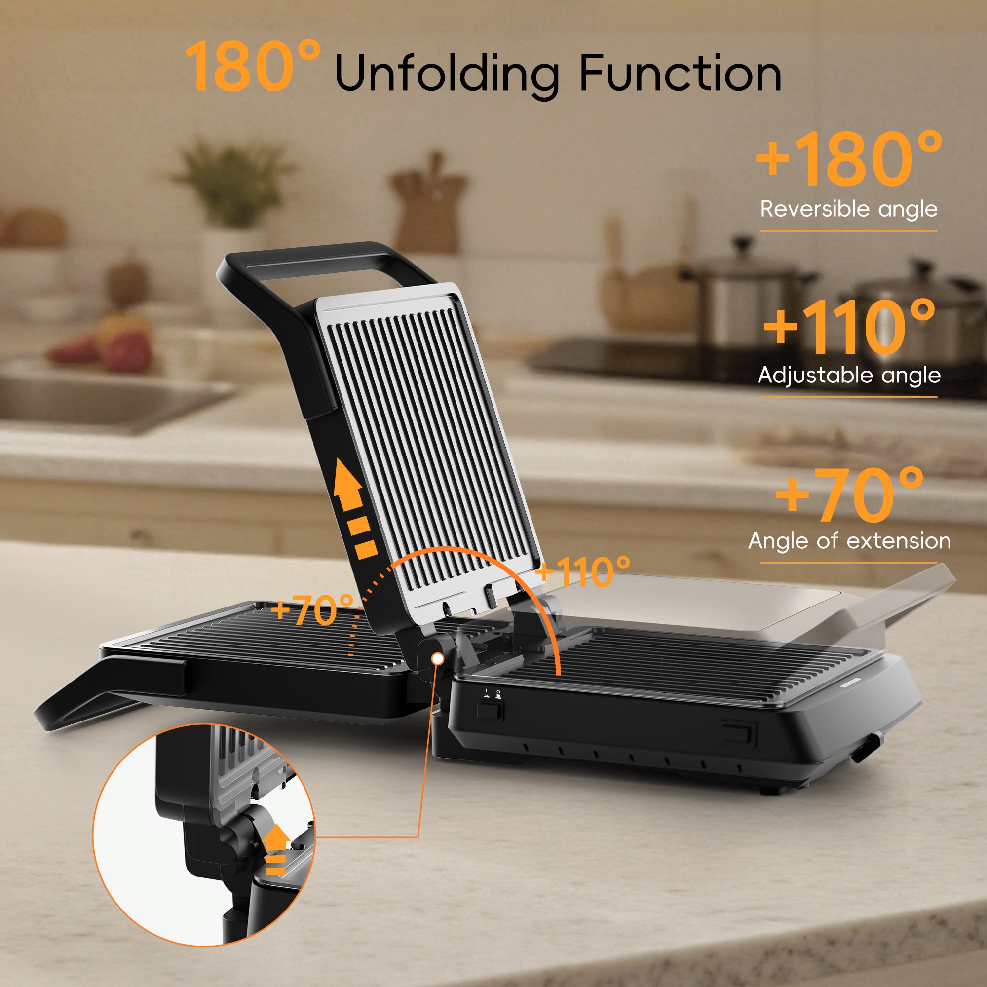 WHALL 4‑in‑1 Indoor Grill & Griddle, 1600W, Opens Flat, Removable Non‑Stick Plates