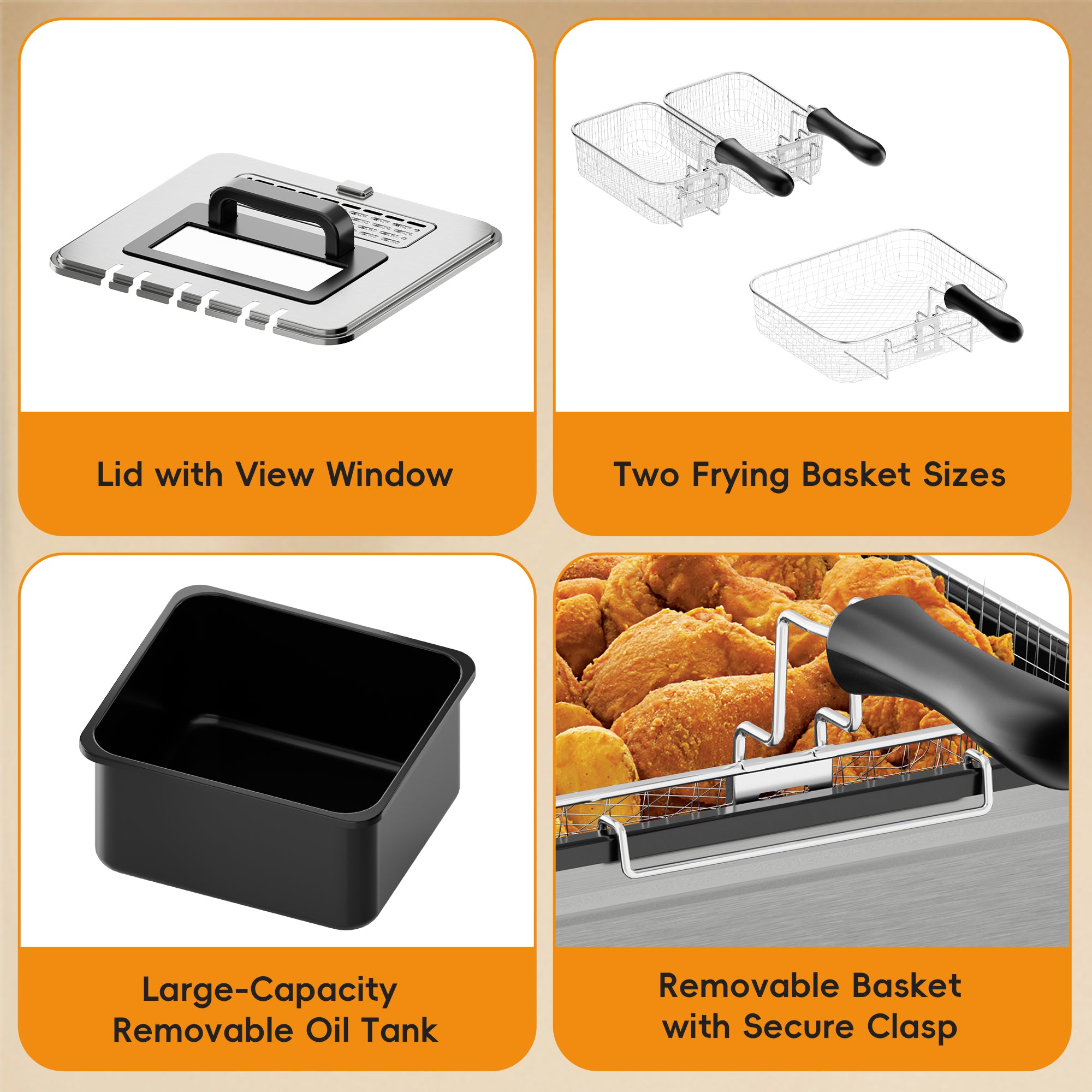 WHALL Deep Fryer with 3 Baskets, 5 L/21 Cups Oil Capacity, Temperature Control,Viewing window, Stainless Steel, 1700 W