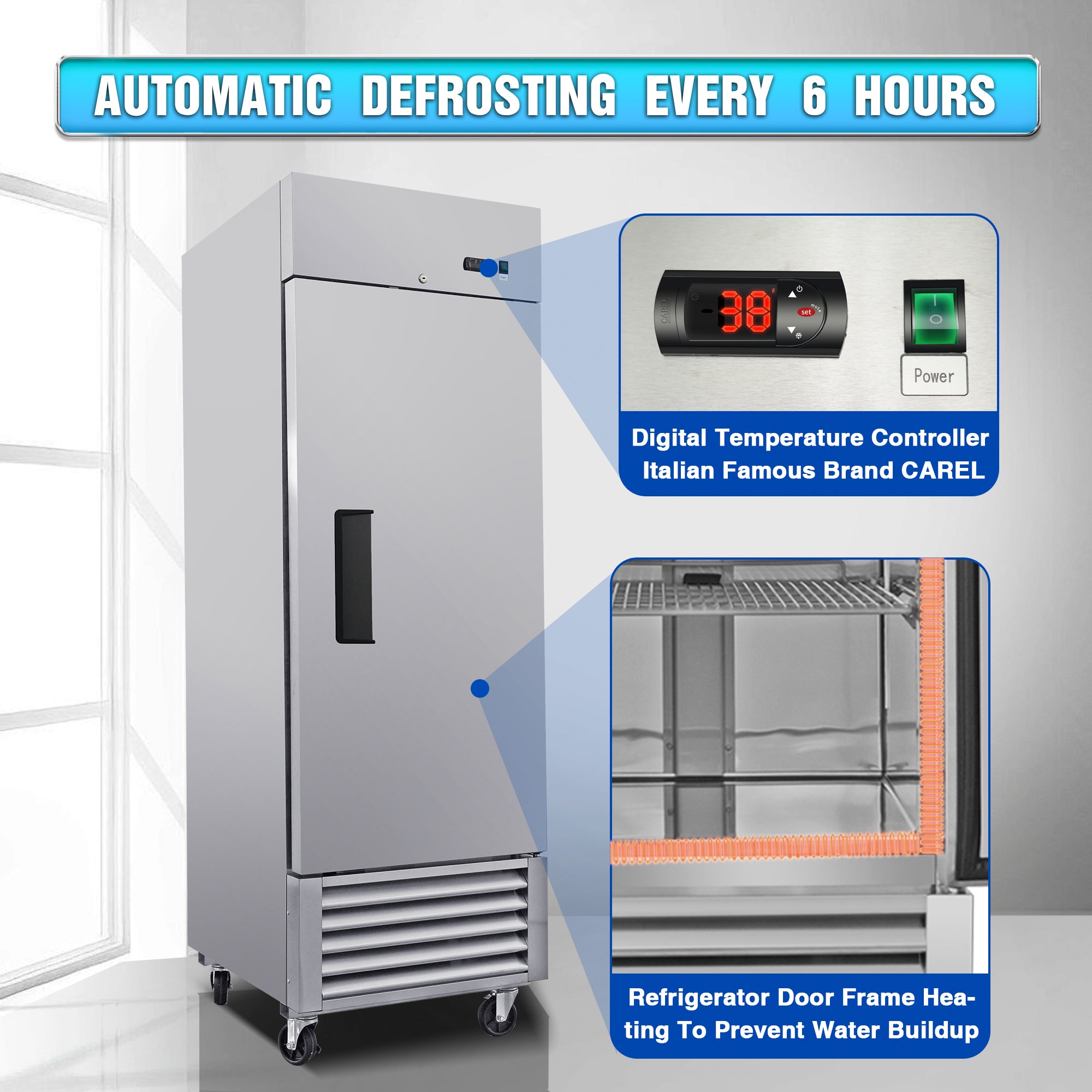 WHALL 27" Commercial Refrigerator 23 Cu.ft with 1 Solid Door Reach-In Refrigerators Stainless Steel ETL Approved Upright Fridge Storage