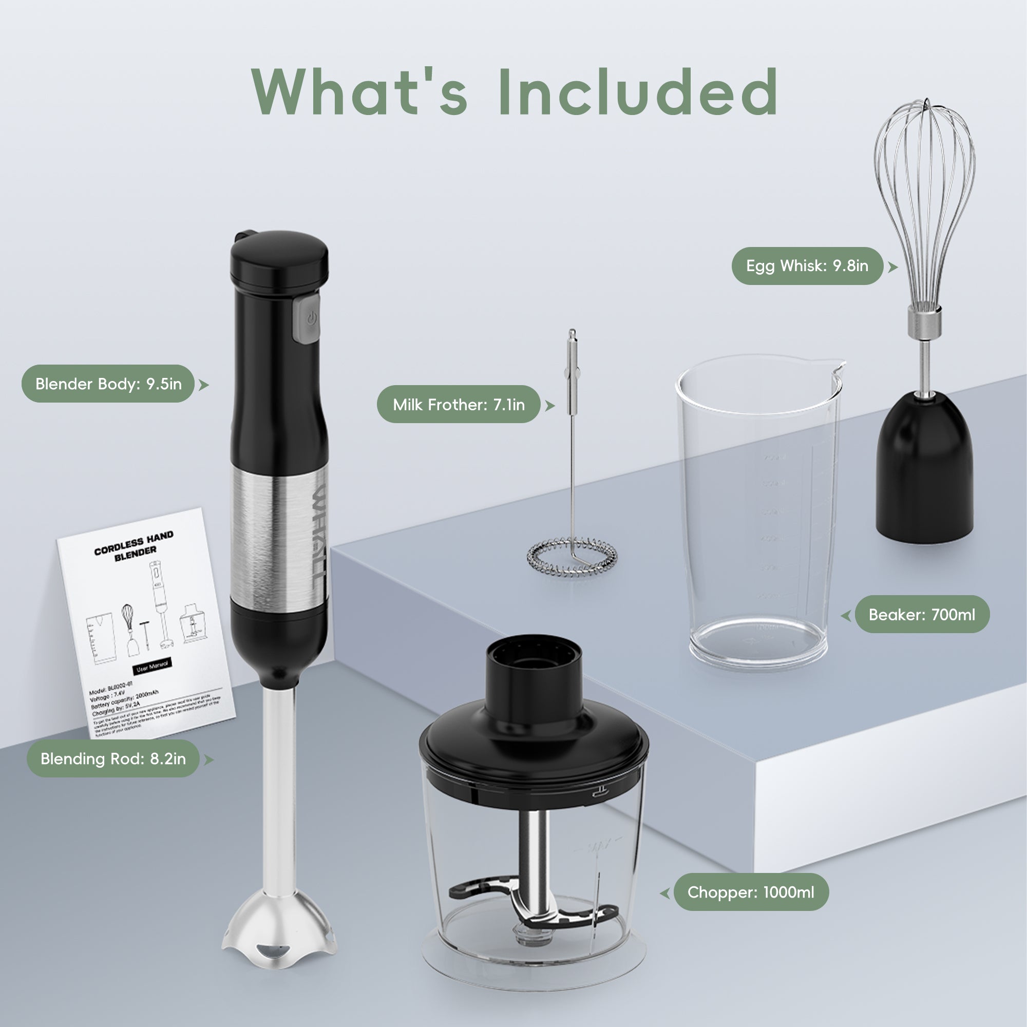 WHALL Cordless Immersion Blender, Rechargeable 5-in-1 Hand Blender with Whisk, Milk Frother Attachments, Portable Stick mixed,700ml Beaker, 500ml Chopper