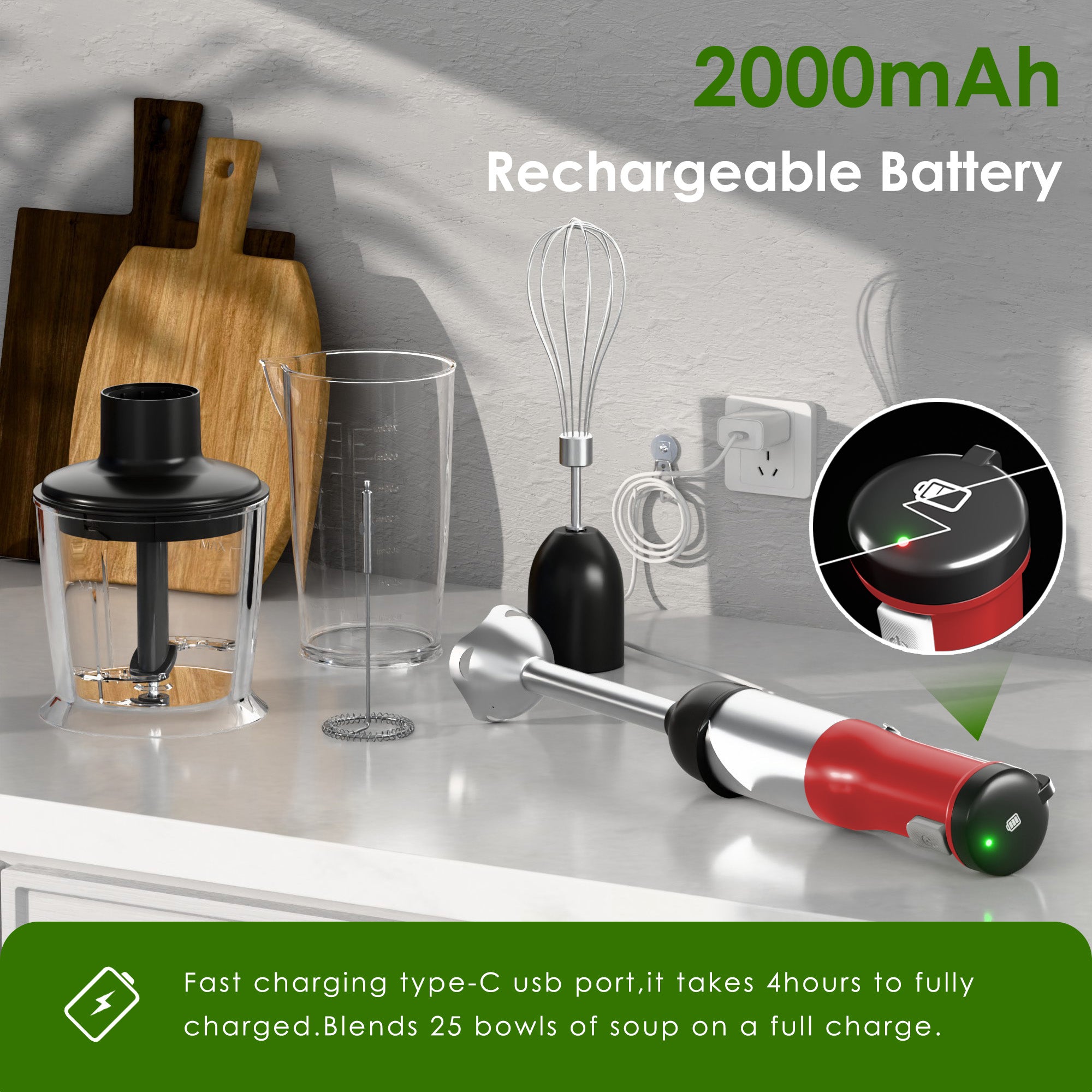 WHALL 5-in-1 Cordless Immersion Blender, Rechargeable Hand Blender with Whisk, Milk Frother Attachments, Portable Stick mixed,700ml Beaker, 500ml Chopper,Red