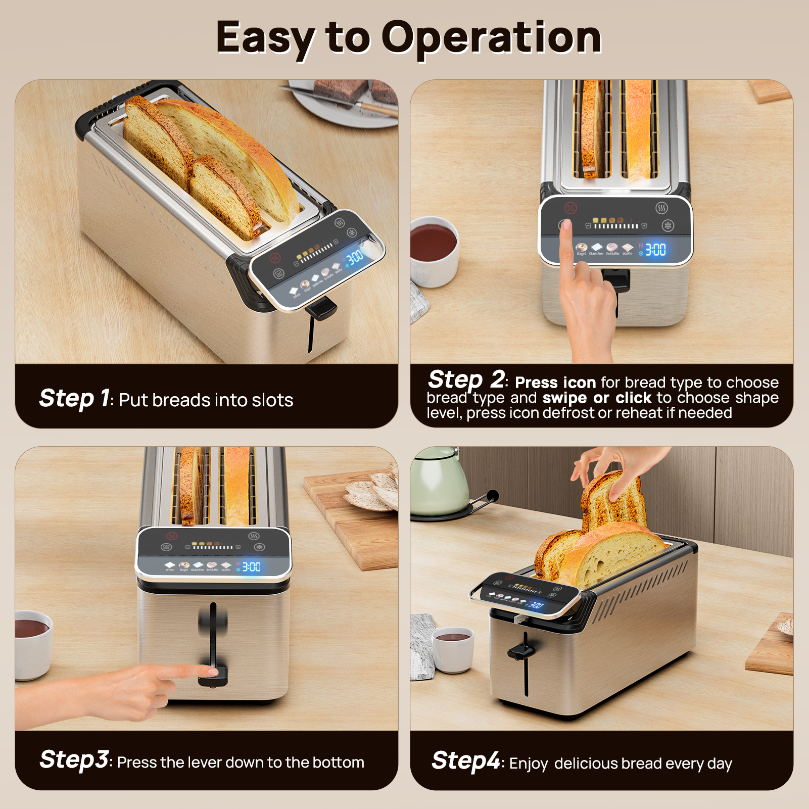 WHALLULTRA 4 Slice Toaster, TouchScreen Toasters with Projection Display, Long Extra-Wide Slots, Bagle / Reheat/Defrost Stainless Steel