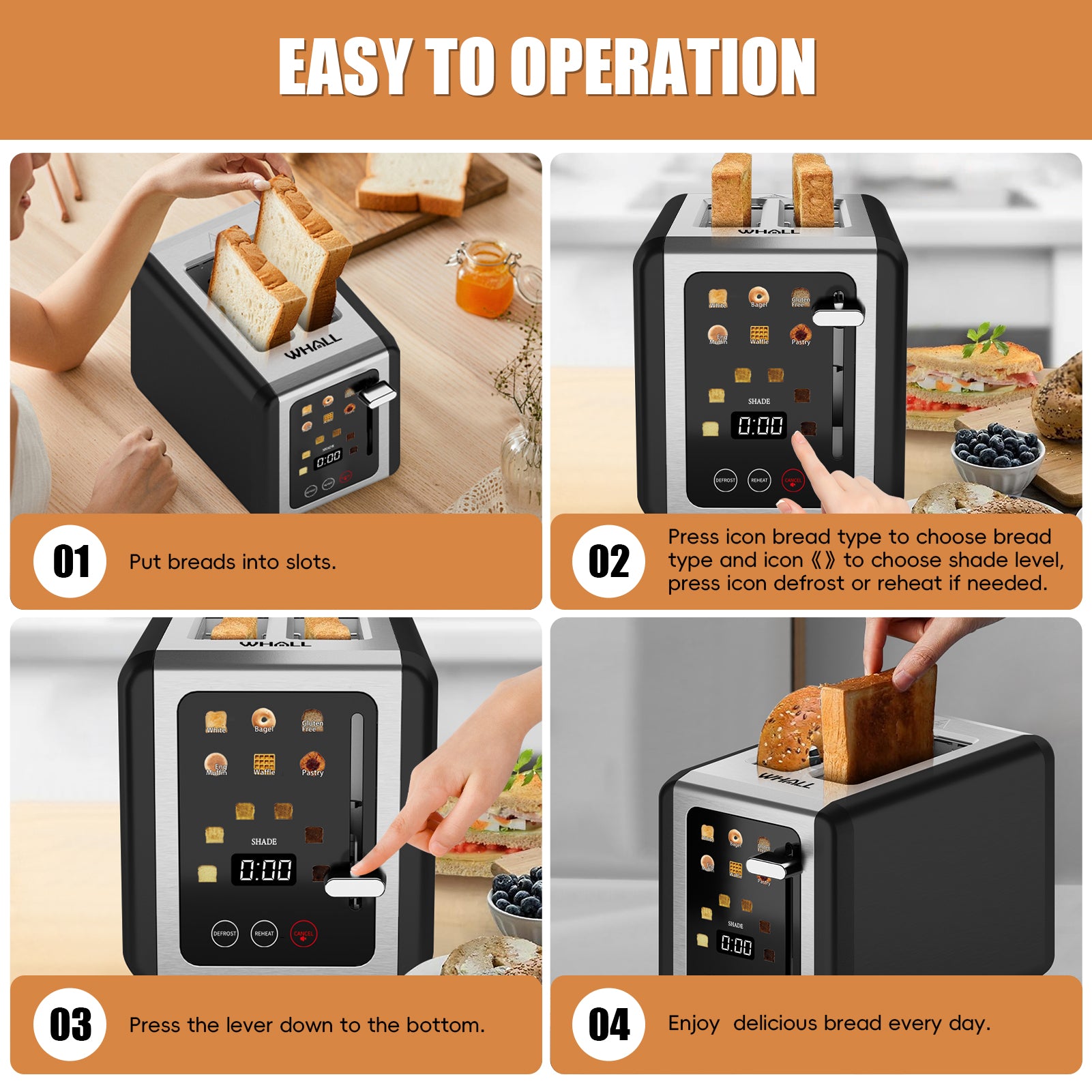 WHALLULTRA 2 Slice Touchscreen Toaster - 1.5" Wide Slots, Stainless Steel Body, Bagel/Defrost Modes, 850W Efficient Toaster, Black