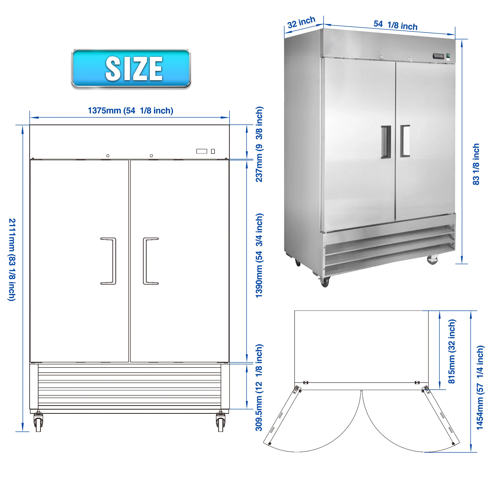 WHALL 54" Commercial Refrigerator 49 Cu.ft with 2 Solid Door Reach-In Refrigerators Stainless Steel ETL Approved Upright Fridge Storage