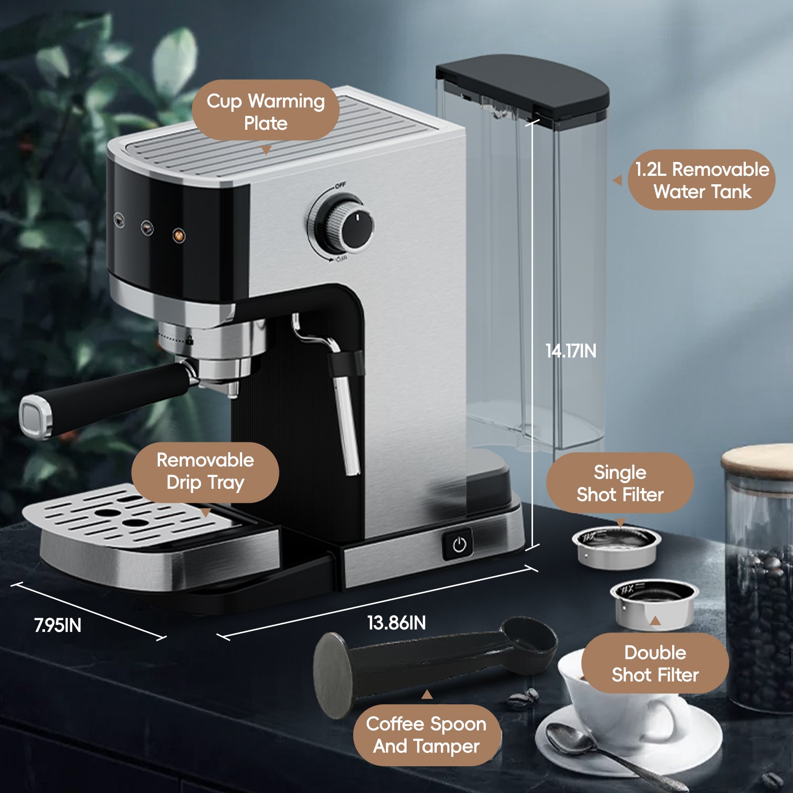 WHALL 20 Bar Touchscreen Espresso Machine with Milk Frother Steam Wand, Stainless Steel