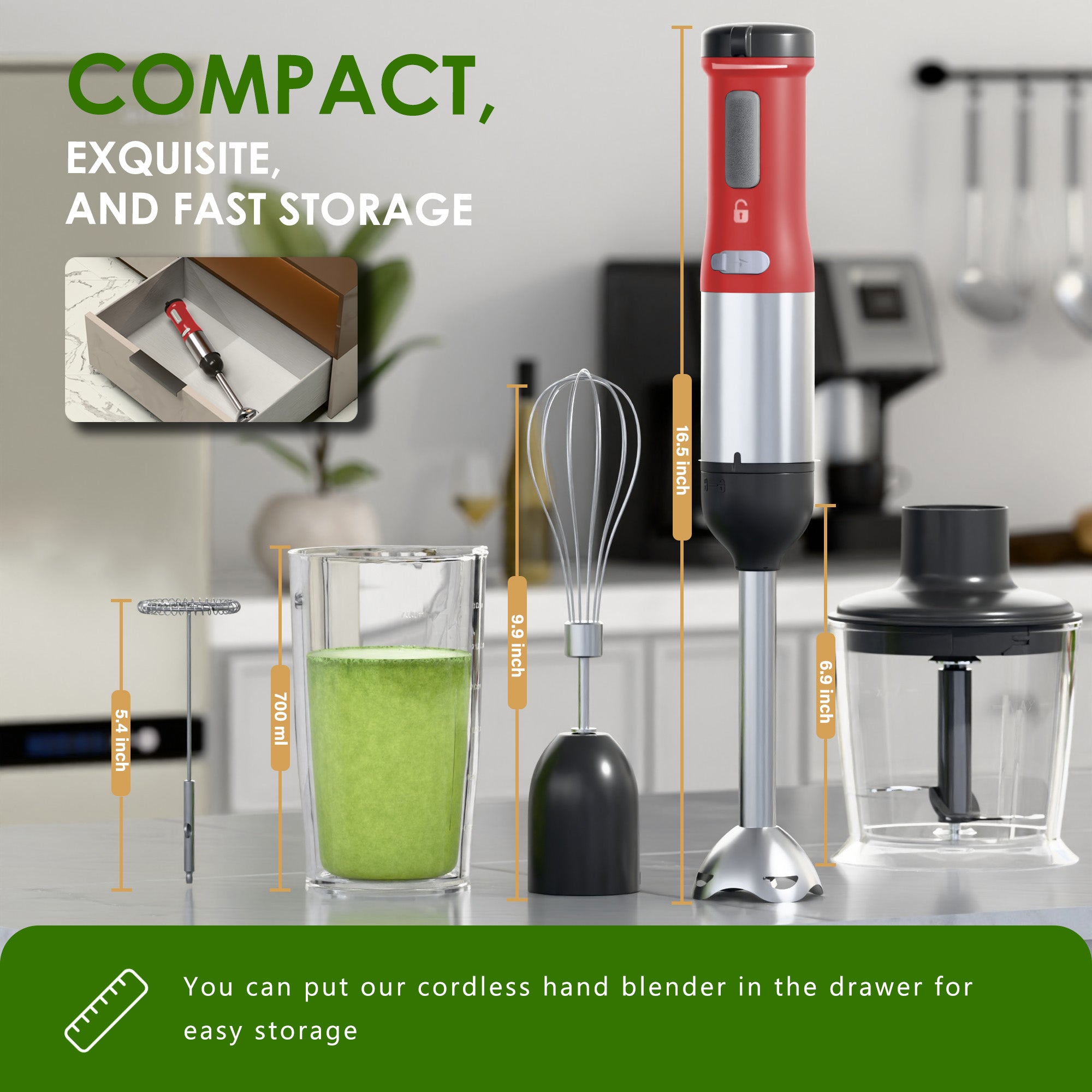 WHALL 5-in-1 Cordless Immersion Blender, Rechargeable Hand Blender with Whisk, Milk Frother Attachments, Portable Stick mixed,700ml Beaker, 500ml Chopper,Red