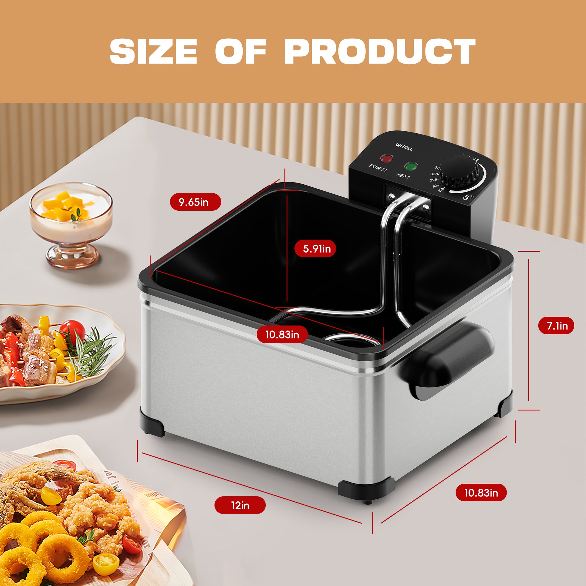 WHALL Deep Fryer with 3 Baskets, 5 L/21 Cups Oil Capacity, Temperature Control, Stainless Steel, 1700 W