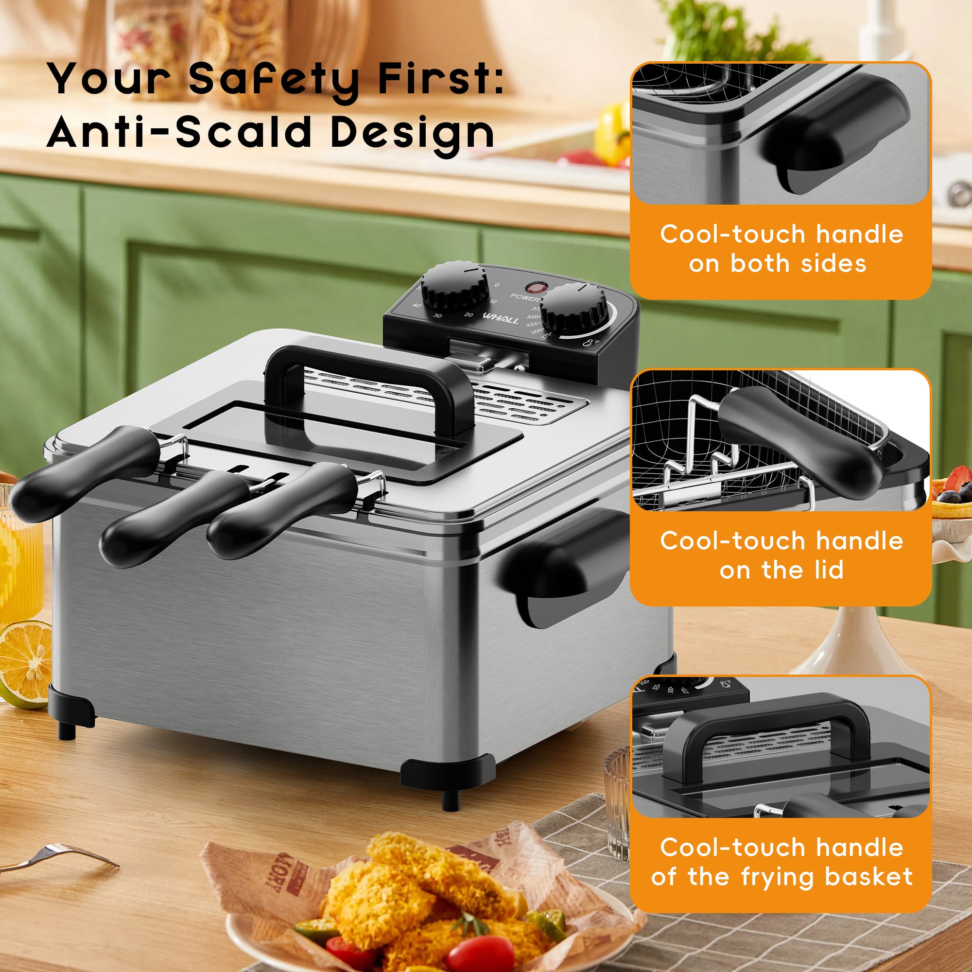 WHALL Deep Fryer with 3 Baskets, 5 L/21 Cups Oil Capacity, Temperature Control,Viewing window, Stainless Steel, 1700 W