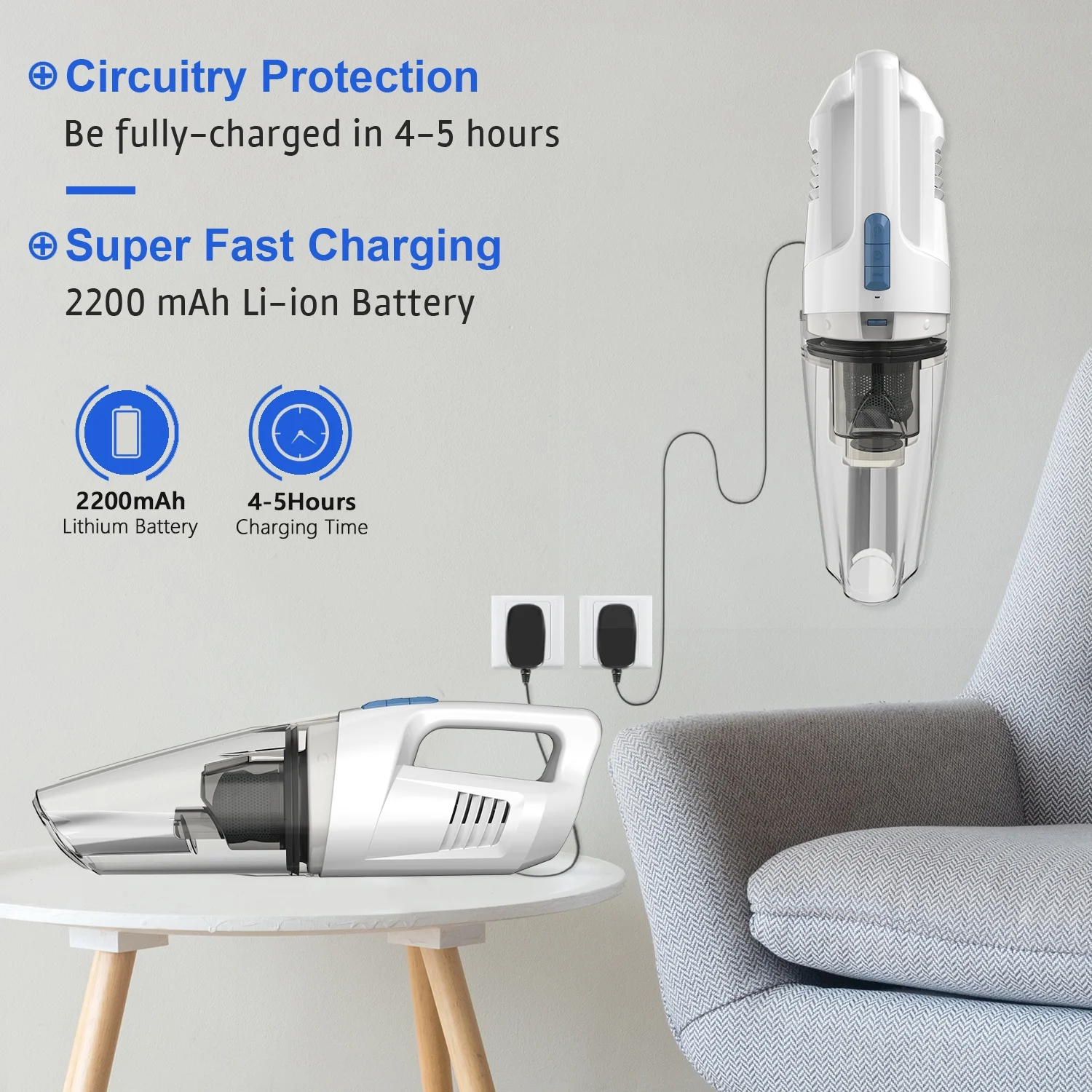WHALL Handheld Vacuum Cleaner, 8500PA Suction, Wet Dry Vacuum Cleaner Cordless with LED Light, Portable Car Vacuum Cleaner for Home & Office
