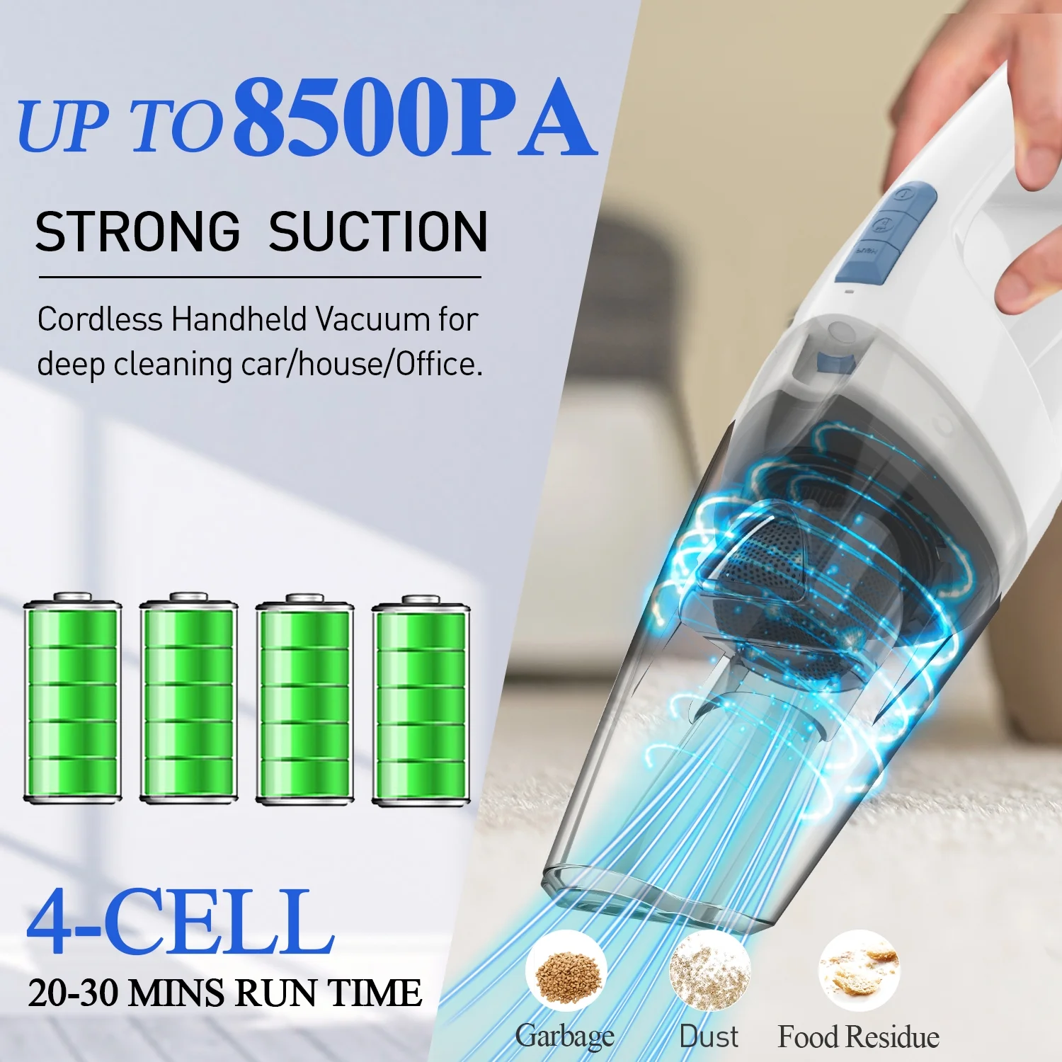 WHALL Handheld Vacuum Cleaner, 8500PA Suction, Wet Dry Vacuum Cleaner Cordless with LED Light, Portable Car Vacuum Cleaner for Home & Office