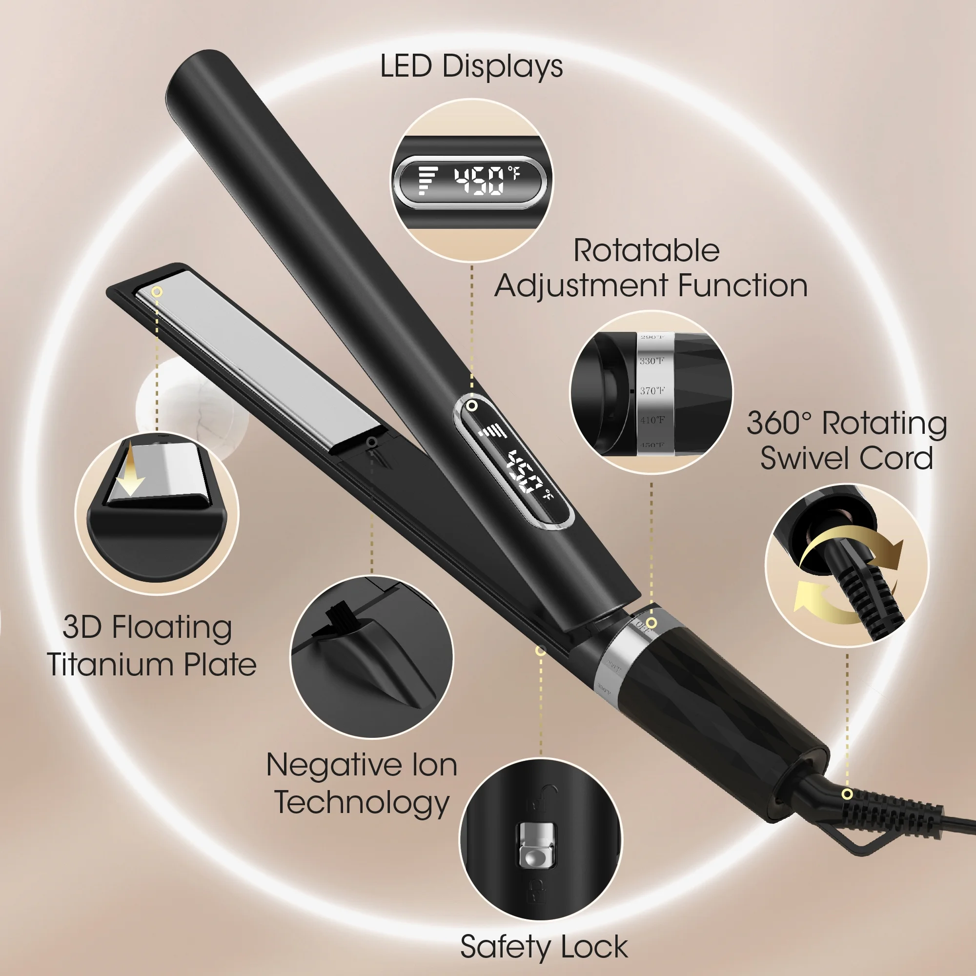 NICEBAY Hair Straightener Flat Iron, Titanium Flat Iron, Hair Straightener and Curler, For Fast Heating Hair Care, 5 Temp Settings.