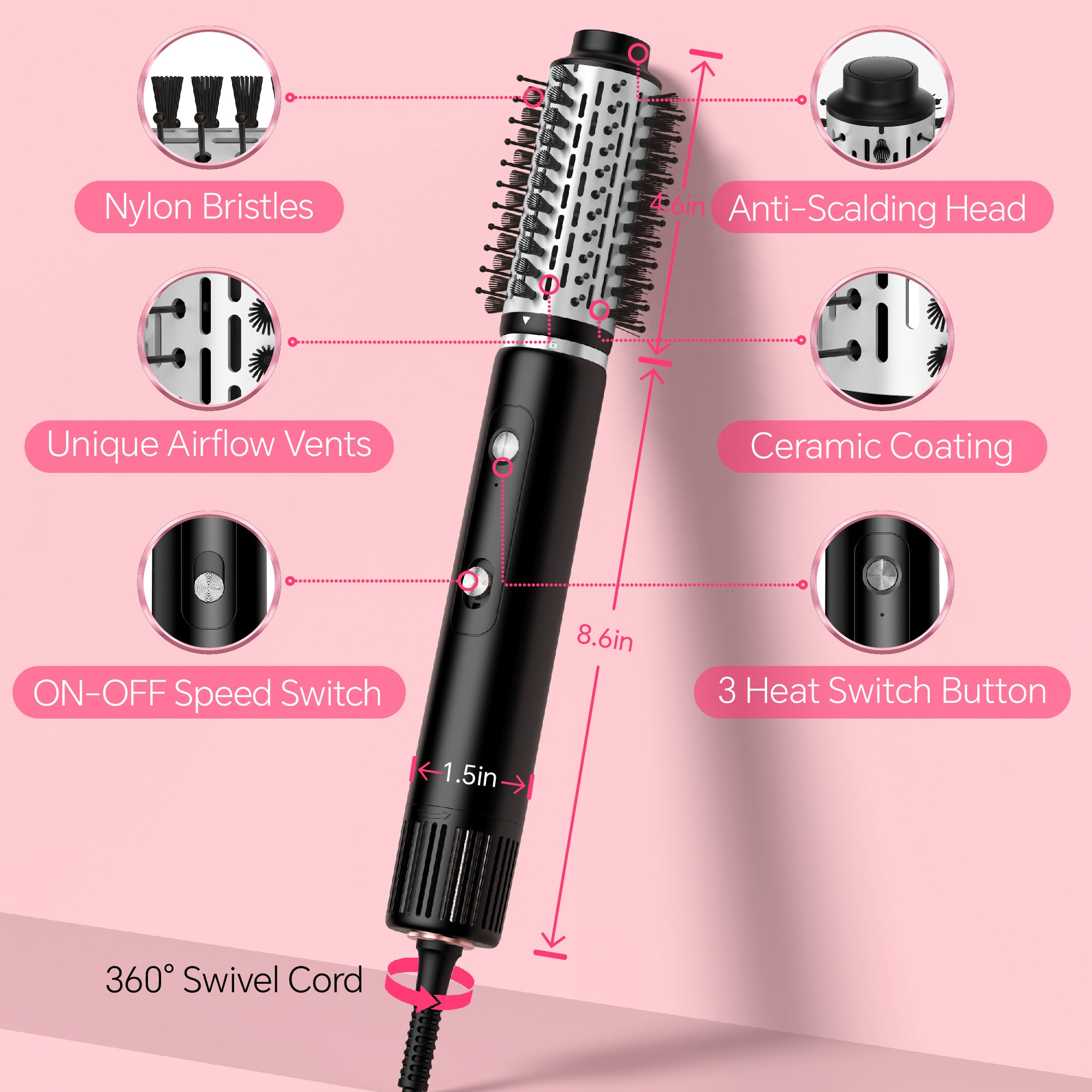NICEBAY Hair Dryer Brush, Blow Dryer with 110000RPM Brushless Motor, Hot Air Styler 1300W for Quick Drying
