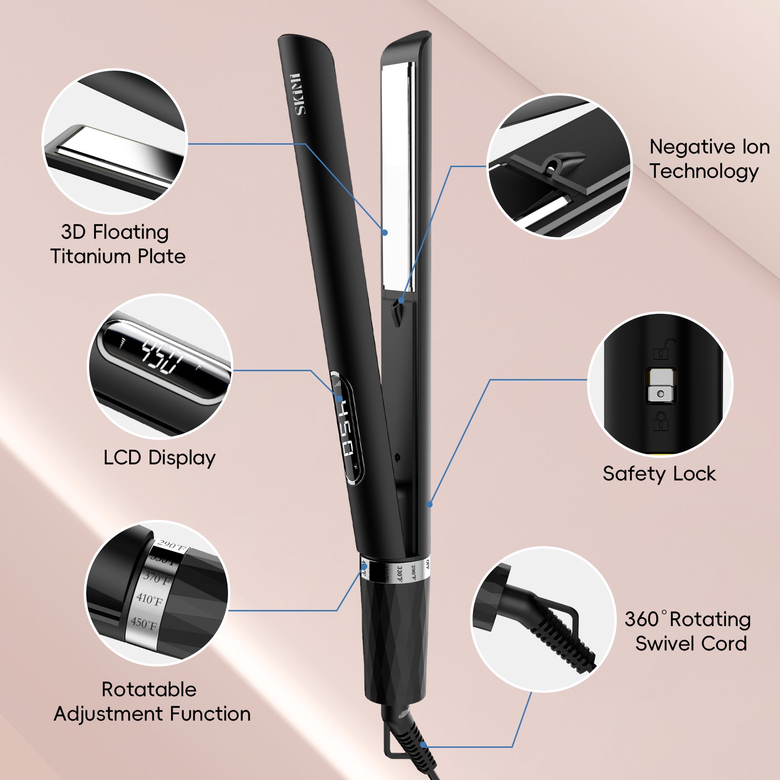 SKIMI Hair Straightener Flat Iron, Hair Straightening, Curling-5 Temp, Fast Heating, Dual Voltage