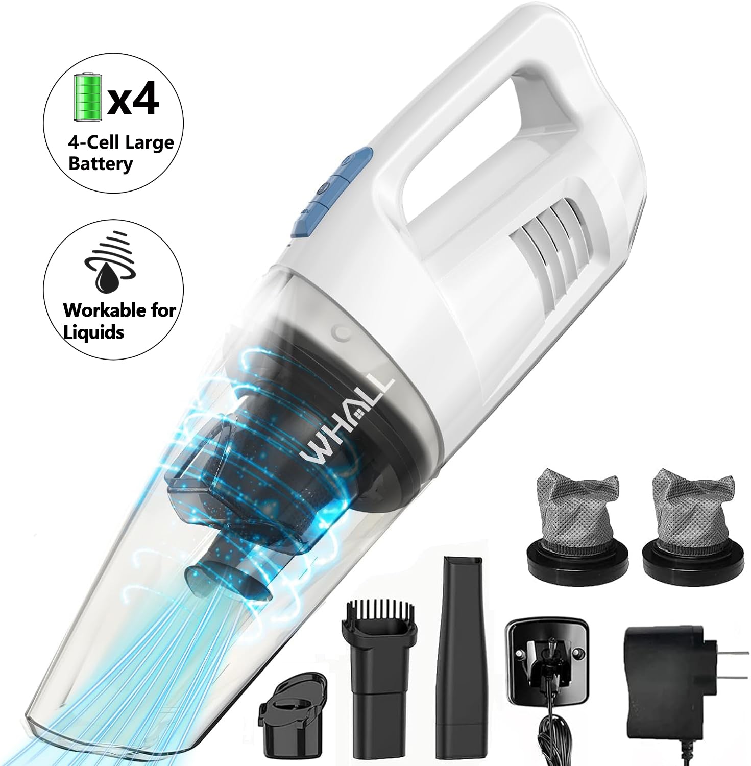 WHALL Cordless Handheld Vacuum, Wet/Dry 2-in-1, Powerful Suction, LED Light, Ultra Lightweight & Portable