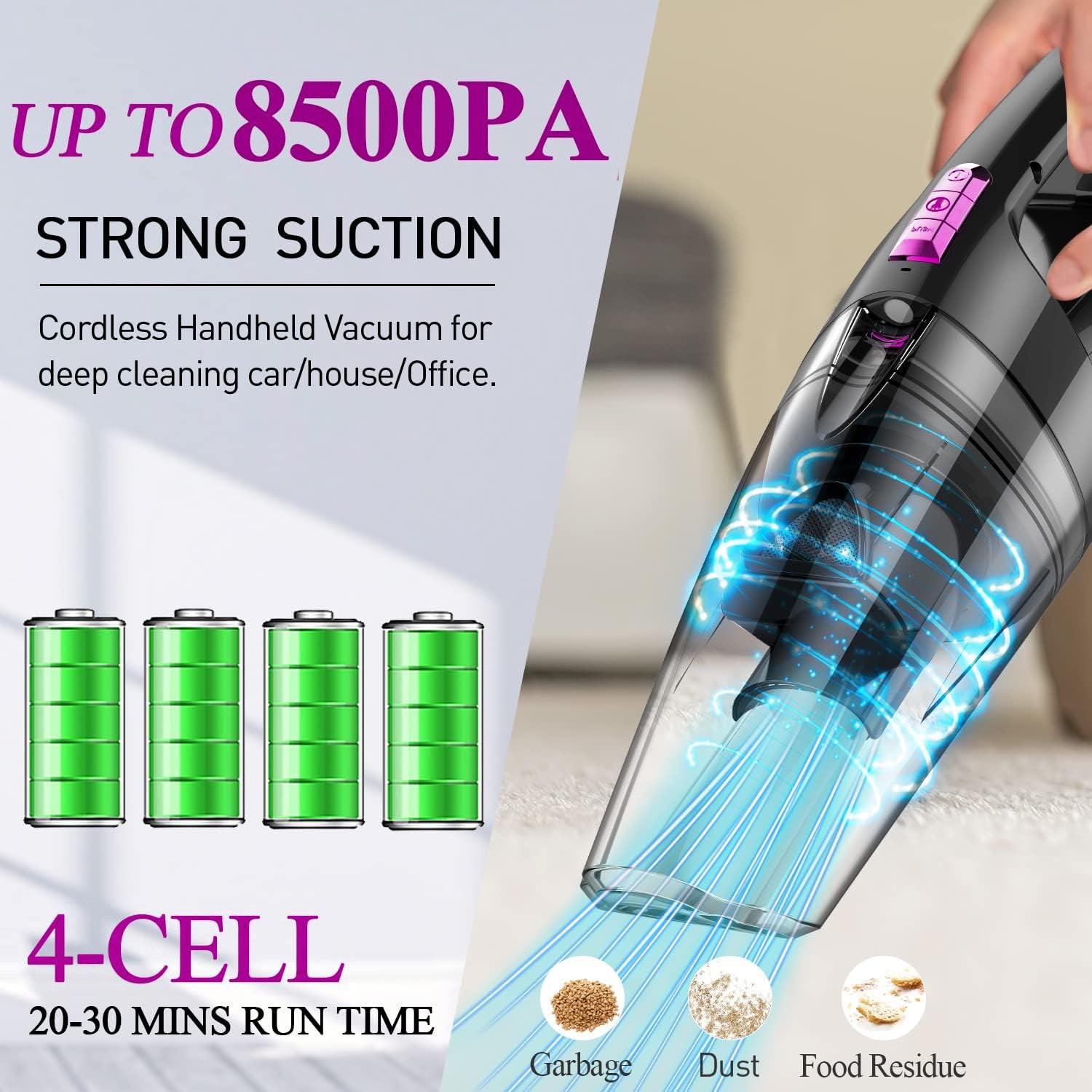 WHALL Cordless Handheld Vacuum, 8500PA Wet/Dry for Home & Office