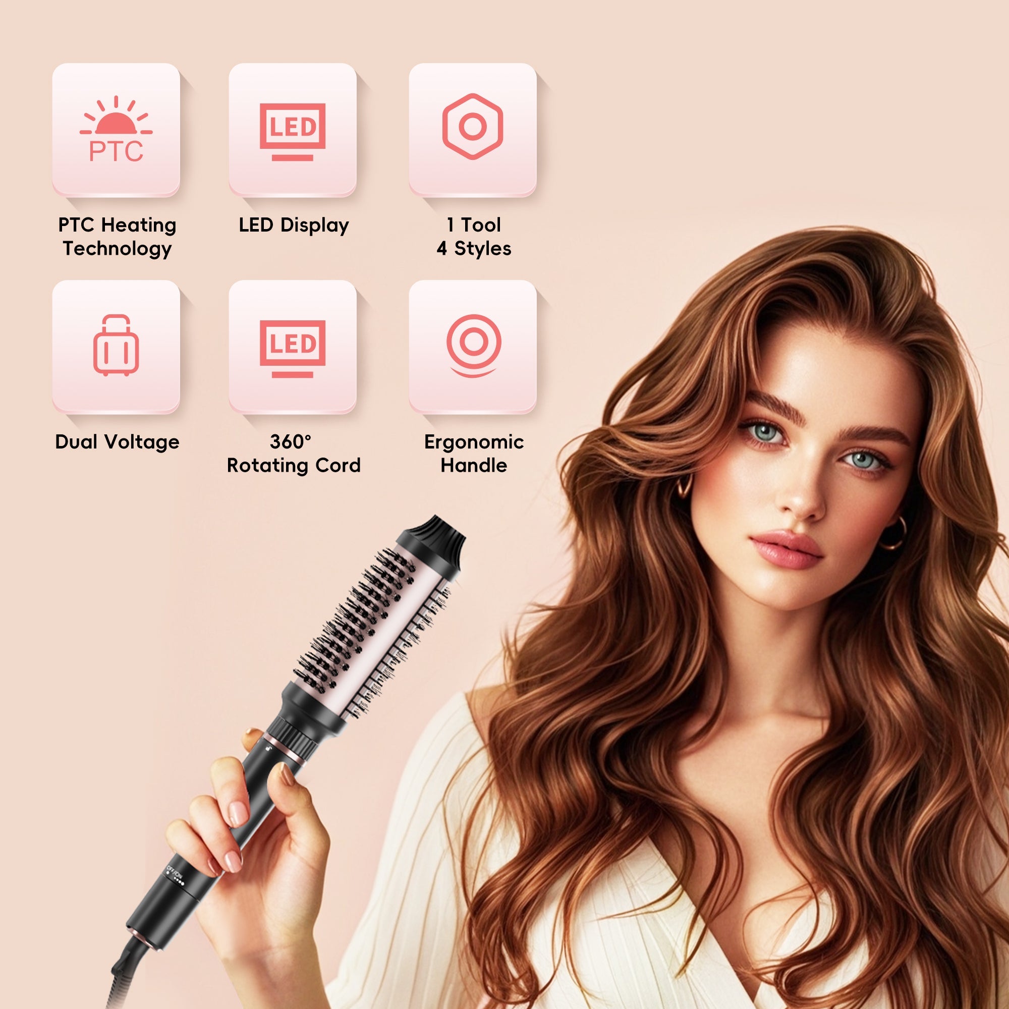 NICEBAY Thermal Hair Brush, Curling Iron Hair Styling Tools, Flat Iron Hair Straightener, Curling Wand Hair Tools, Instant Heat Up Wand Curling
