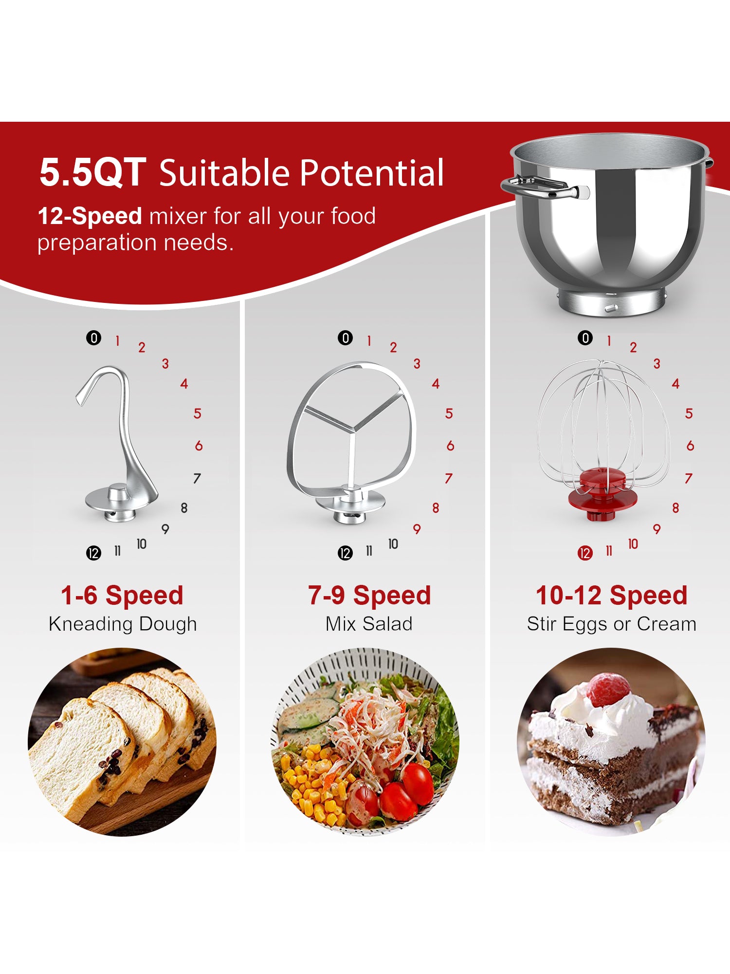 WHALL Stand Mixer 12-Speed Tilt-Head Electric Kitchen Mixer with Dough Hook/Wire Whip, Stainless Steel Bowl 5.5Qt