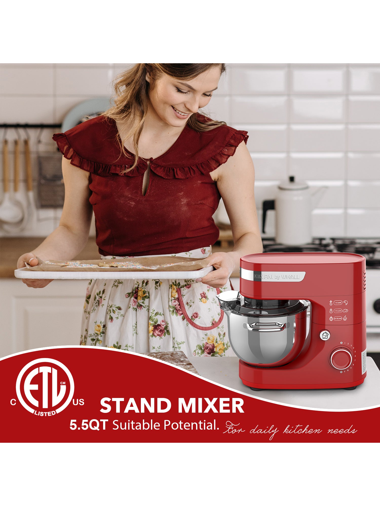 WHALL Stand Mixer 12-Speed Tilt-Head Electric Kitchen Mixer with Dough Hook/Wire Whip, Stainless Steel Bowl 5.5Qt