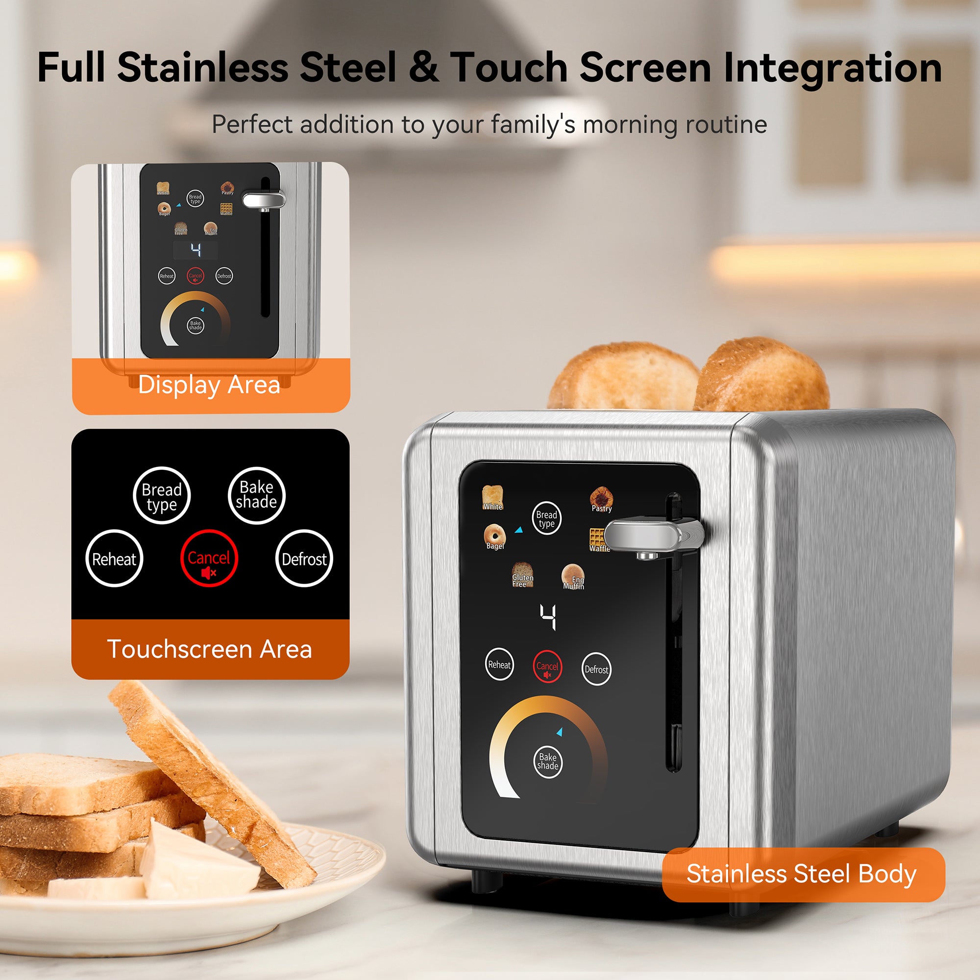 WHALL 2 Slice Toaster, Touchscreen Toasters 2 Slice Wide Slot, Stainless Steel Bread Toaster for Bagel & More, Smart Toaster Kitchen Deal