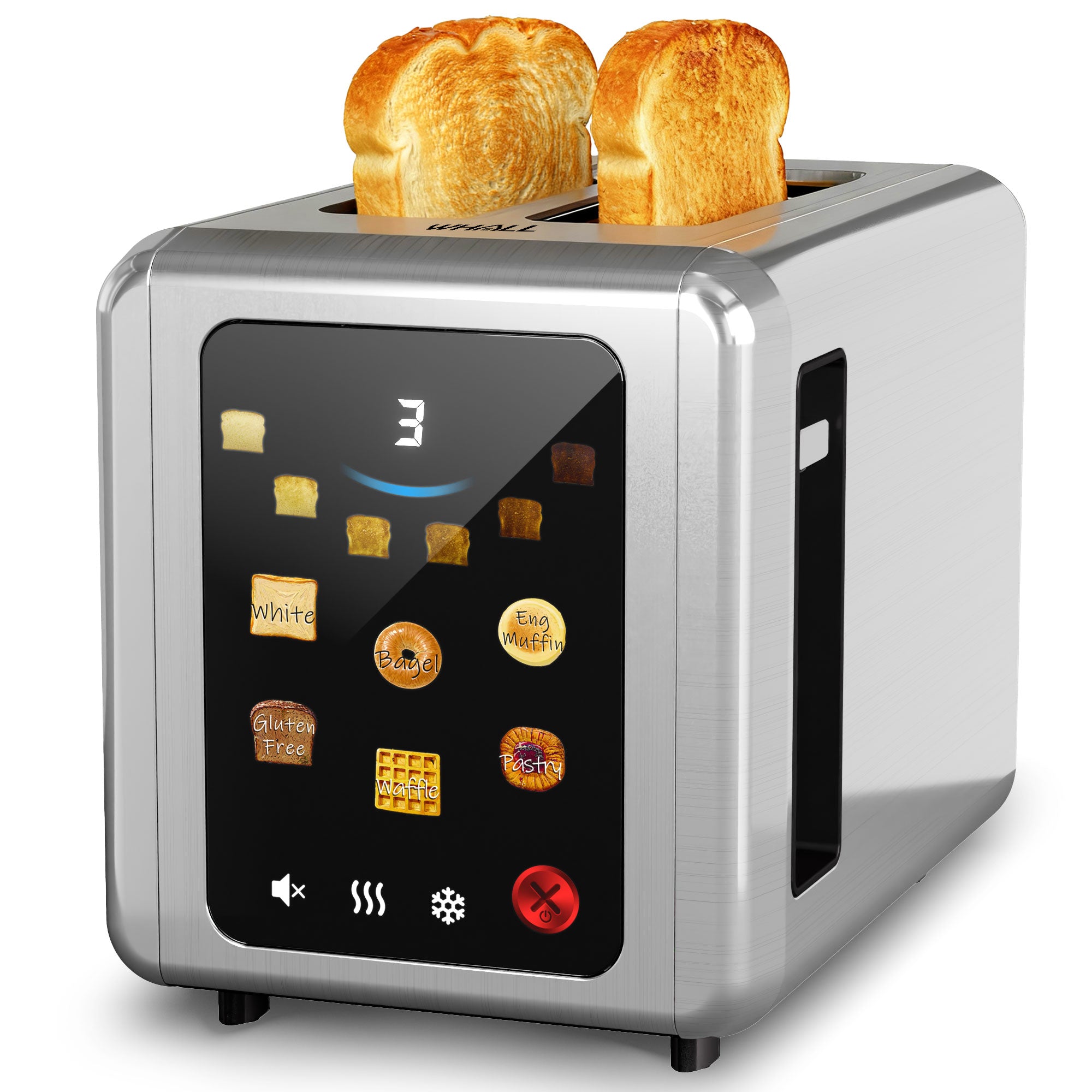 WHALL 2-Slice Full Touch Toaster: 1.5'' Wide Stainless Steel Slot, Digital Timer, 6 Bread Types & 6 Shade Settings