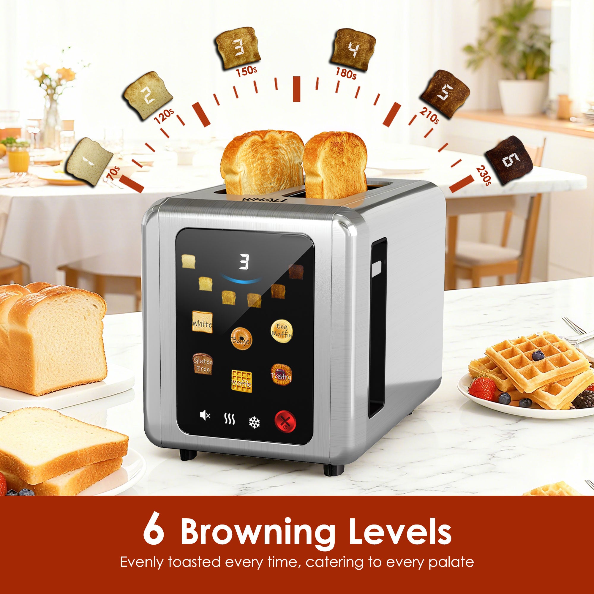 WHALL 2-Slice Full Touch Toaster: 1.5'' Wide Stainless Steel Slot, Digital Timer, 6 Bread Types & 6 Shade Settings