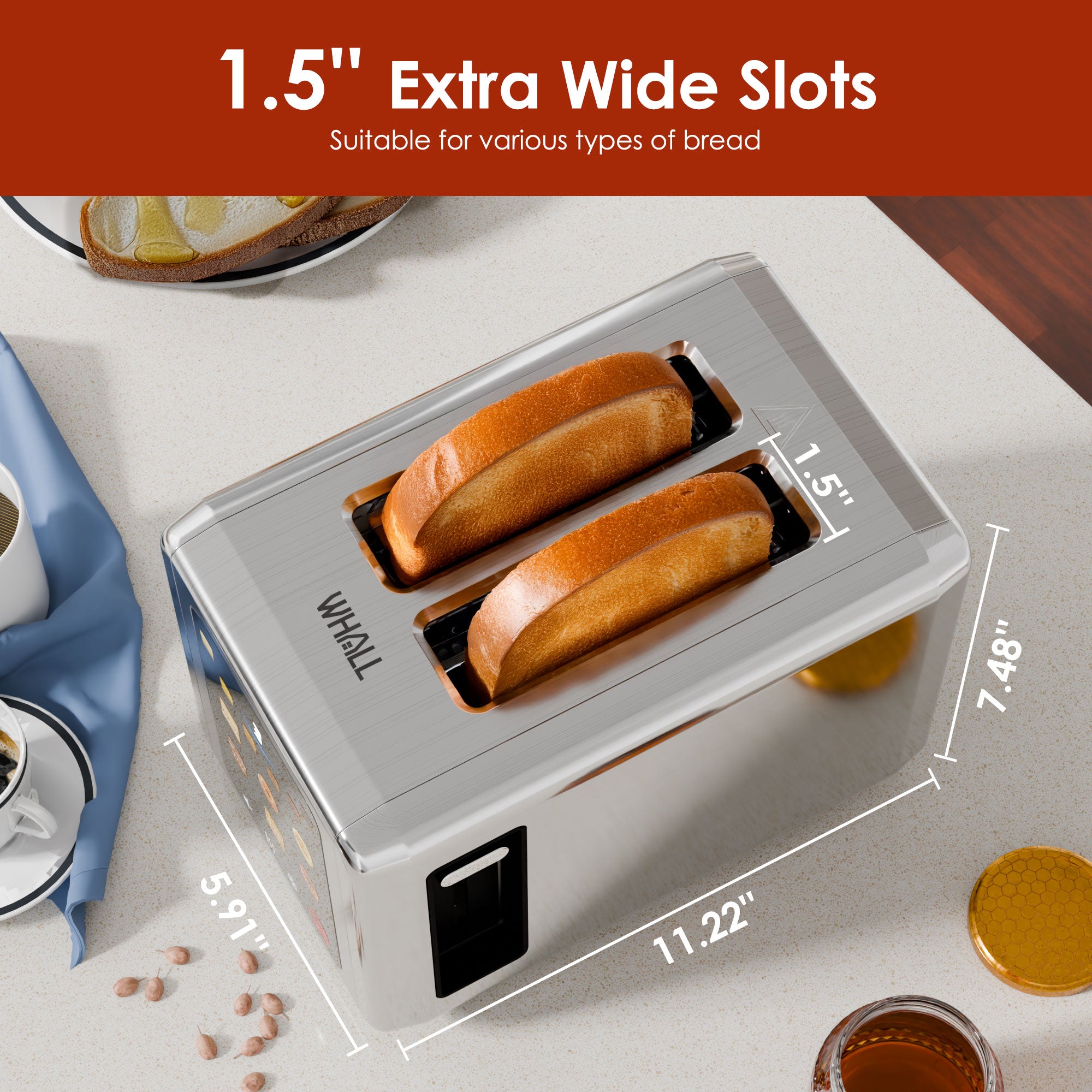 WHALL 2-Slice Full Touch Toaster: 1.5'' Wide Stainless Steel Slot, Digital Timer, 6 Bread Types & 6 Shade Settings