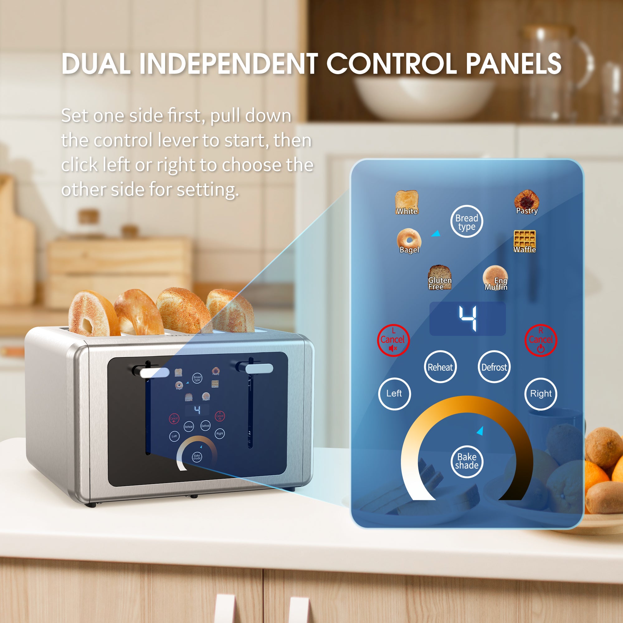 WHALLULTRA 4‑Slice Touchscreen Toaster, Stainless Steel, Extra Wide Slots, 6 Shade Settings