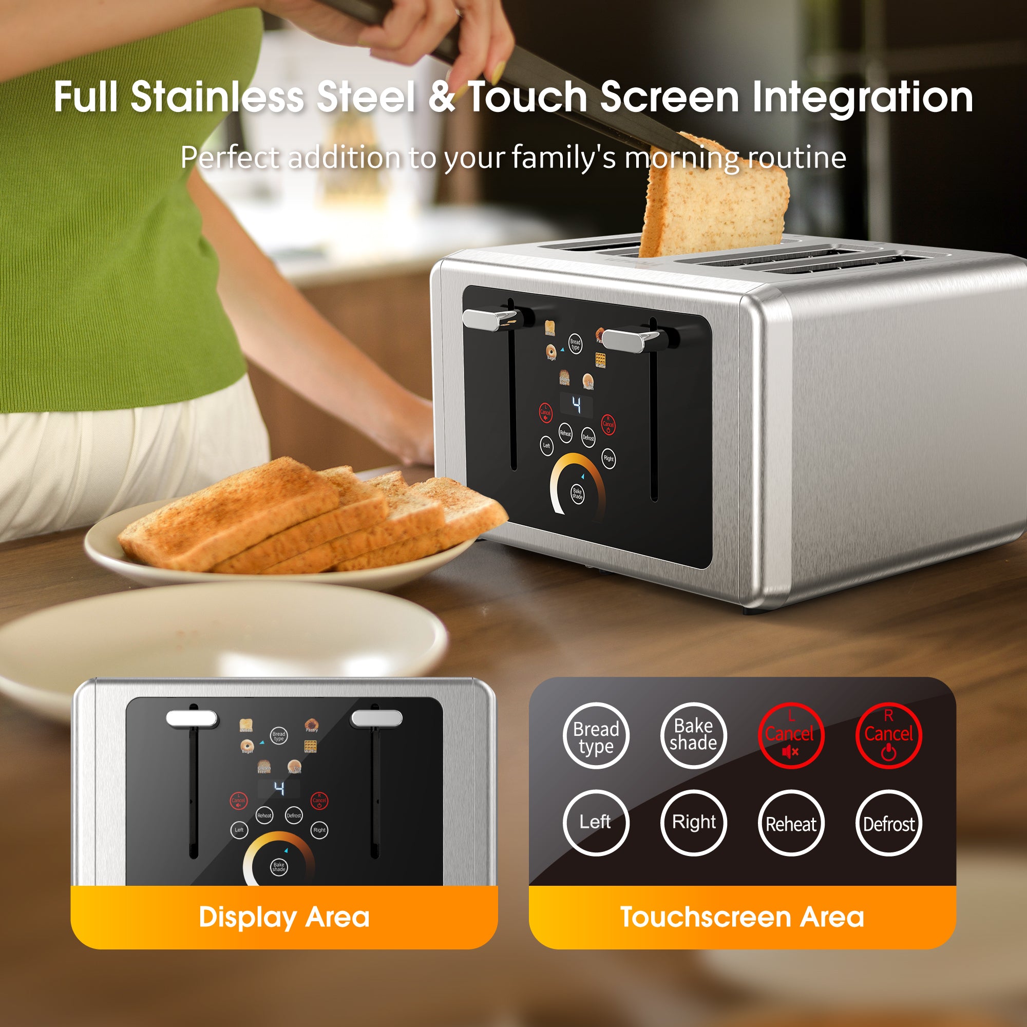 WHALLULTRA Touchscreen Toaster 4 Slice - Stainless Steel Toaster, 6 Shade Settings, Extra Wide Slots Toaster