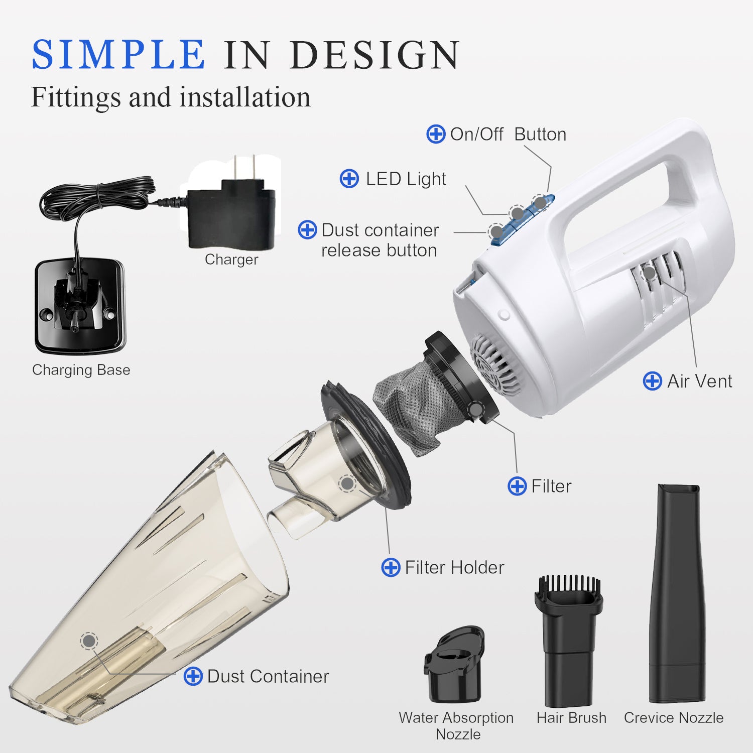 WHALL Cordless Handheld Vacuum, Wet/Dry 2-in-1, Powerful Suction, LED Light, Ultra Lightweight & Portable