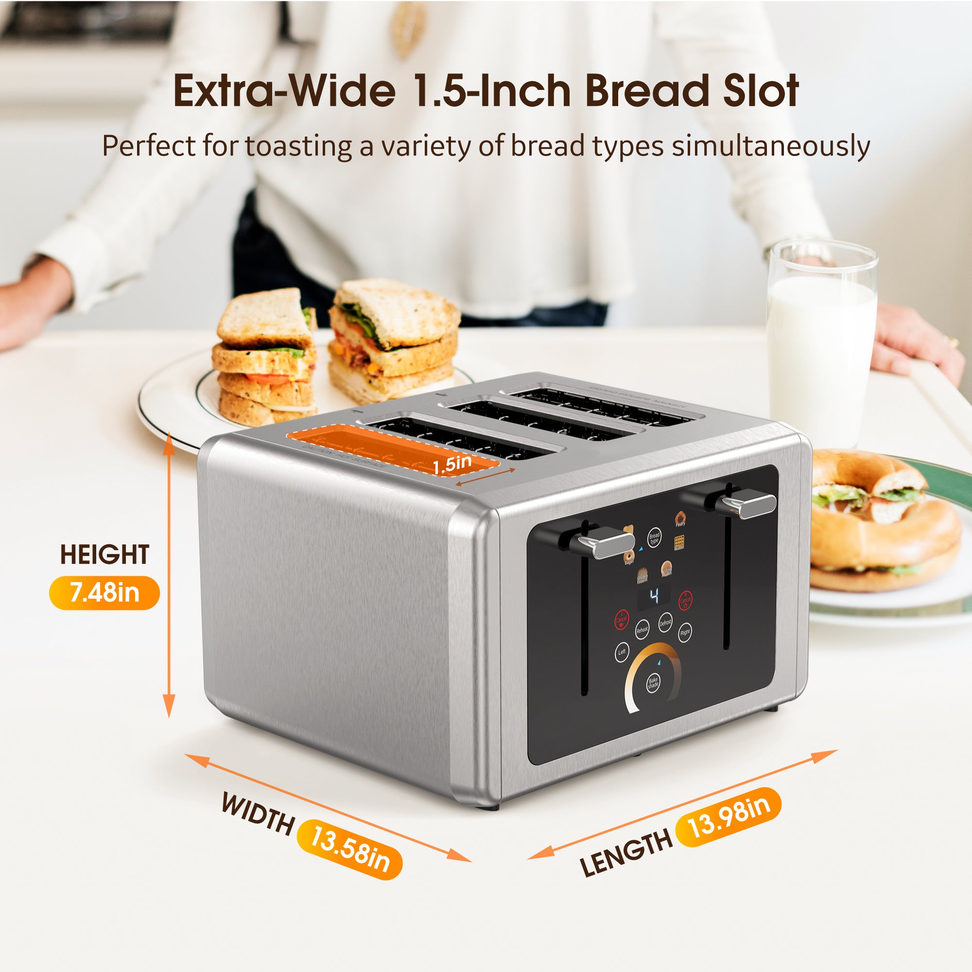 WHALLULTRA Touchscreen Toaster 4 Slice - Stainless Steel Toaster, 6 Shade Settings, Extra Wide Slots Toaster