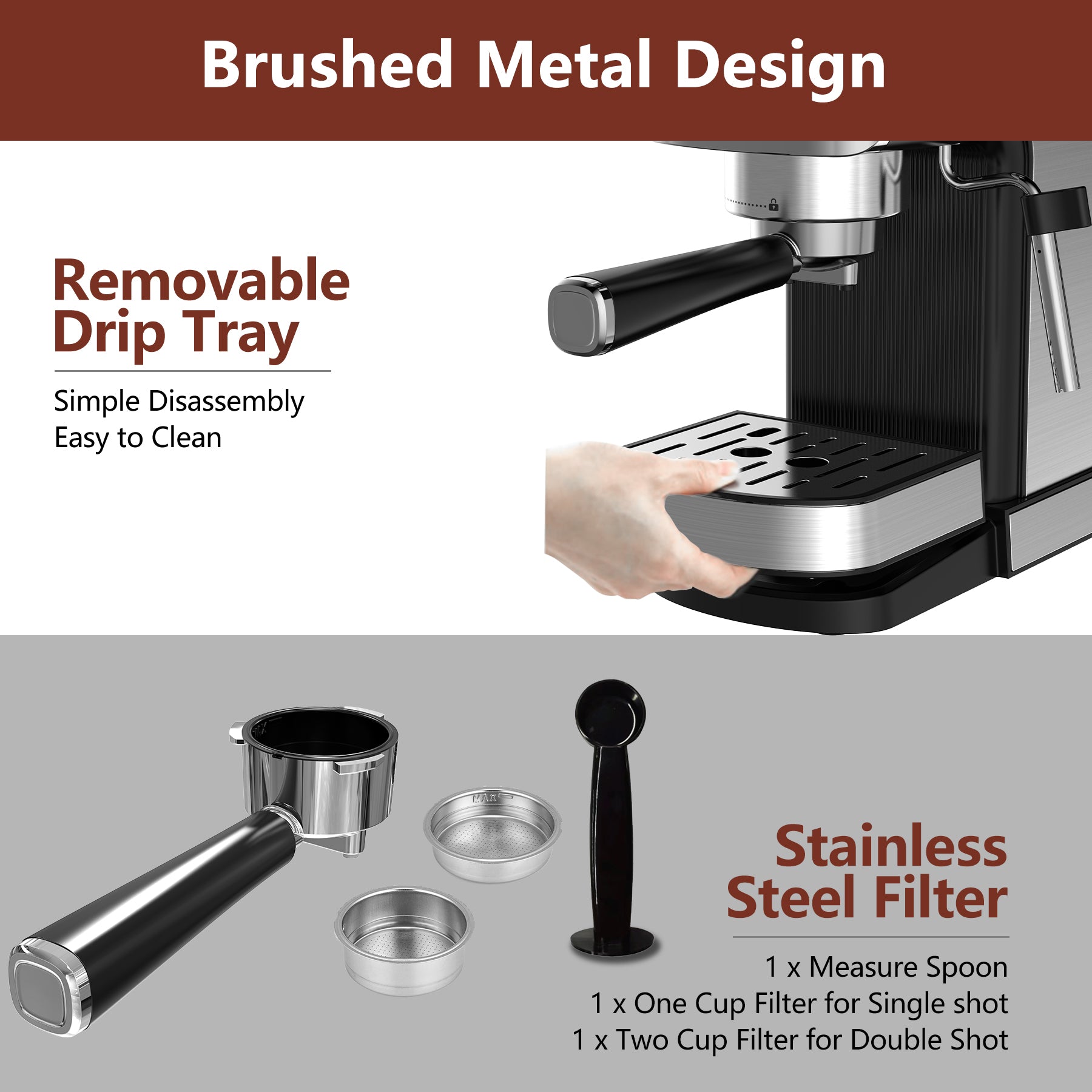 WHALL 20 Bar Espresso Machine, Milk Frother Steam Wand, 40oz Water Tank