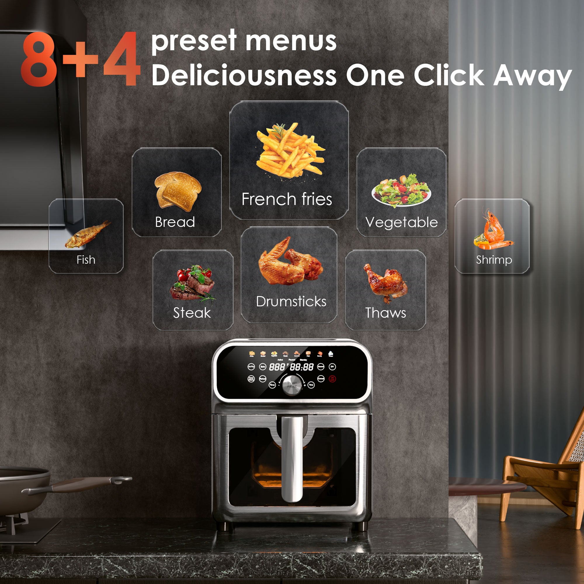 WHALL Stainless Steel 6QT Air Fryer with Visual Window, 8 Preset Menus & 360° Rapid Air Circulation for Healthy Oil-Less Cooking