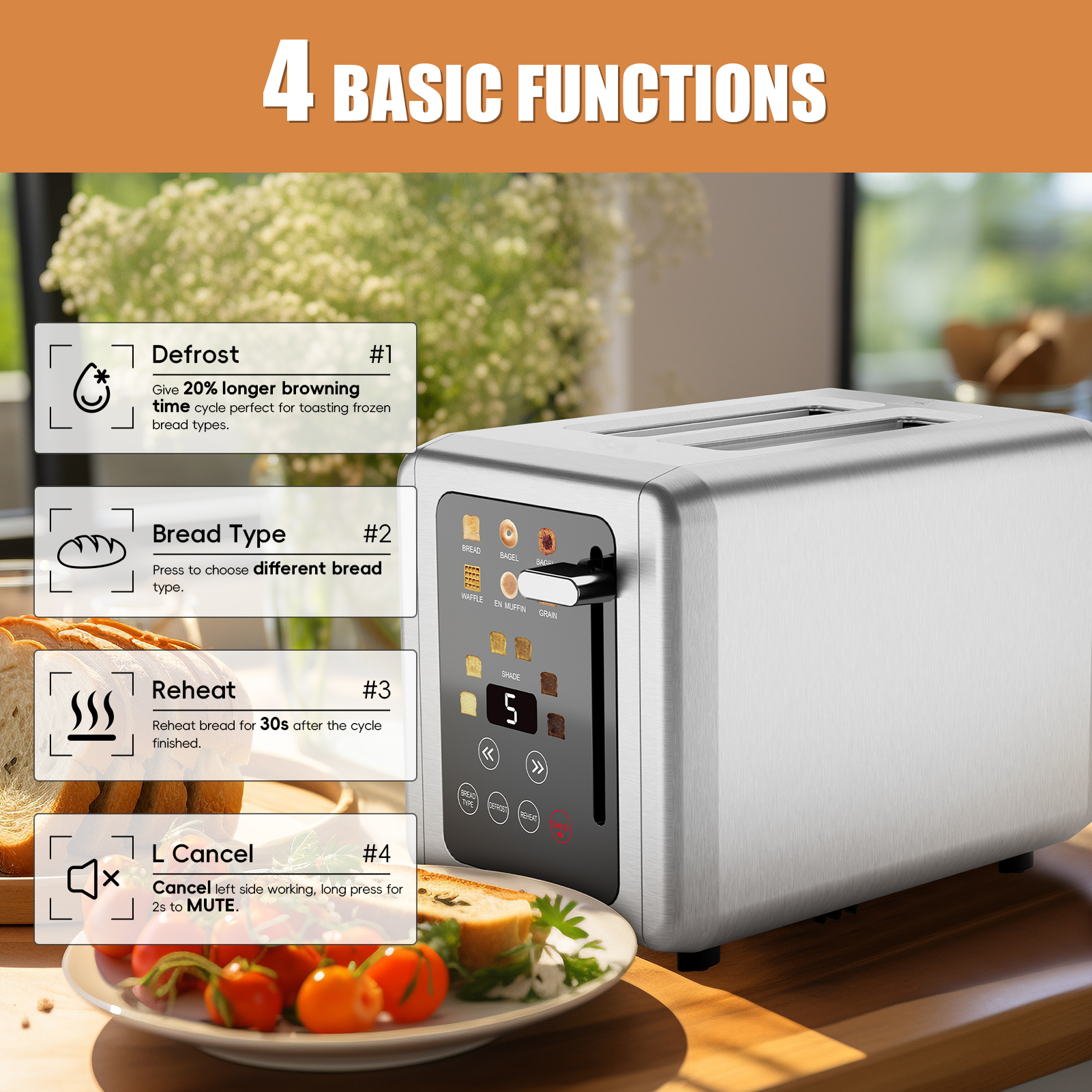 WHALLSE 2‑Slice Touchscreen Toaster, Stainless Steel, 1.5" Wide Slot, Bagel Defrost, 850W