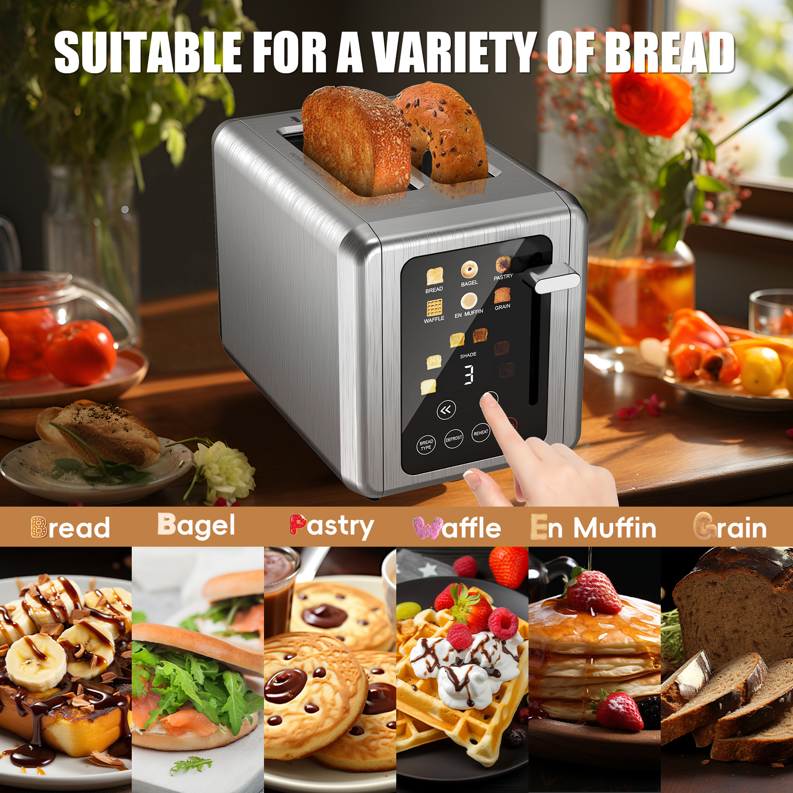 WHALLSE 2‑Slice Touchscreen Toaster, Stainless Steel, 1.5" Wide Slot, Bagel Defrost, 850W