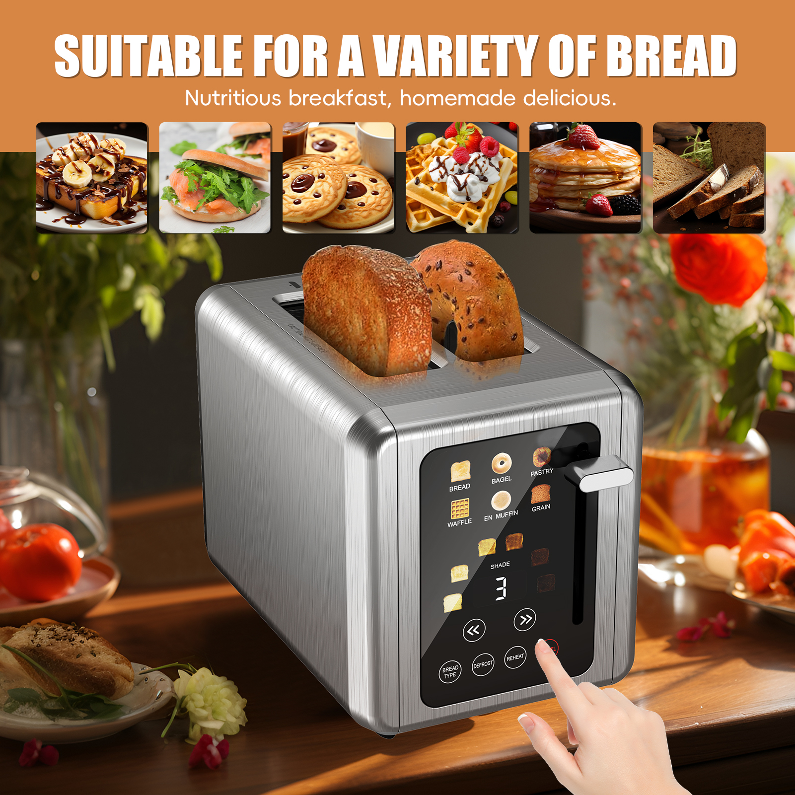 WHALLSE 2‑Slice Touchscreen Toaster, Stainless Steel, 1.5" Wide Slot, Bagel Defrost, 850W