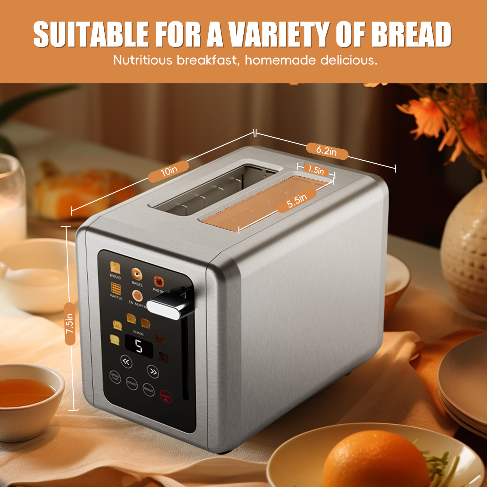 WHALLSE 2‑Slice Touchscreen Toaster, Stainless Steel, 1.5" Wide Slot, Bagel Defrost, 850W