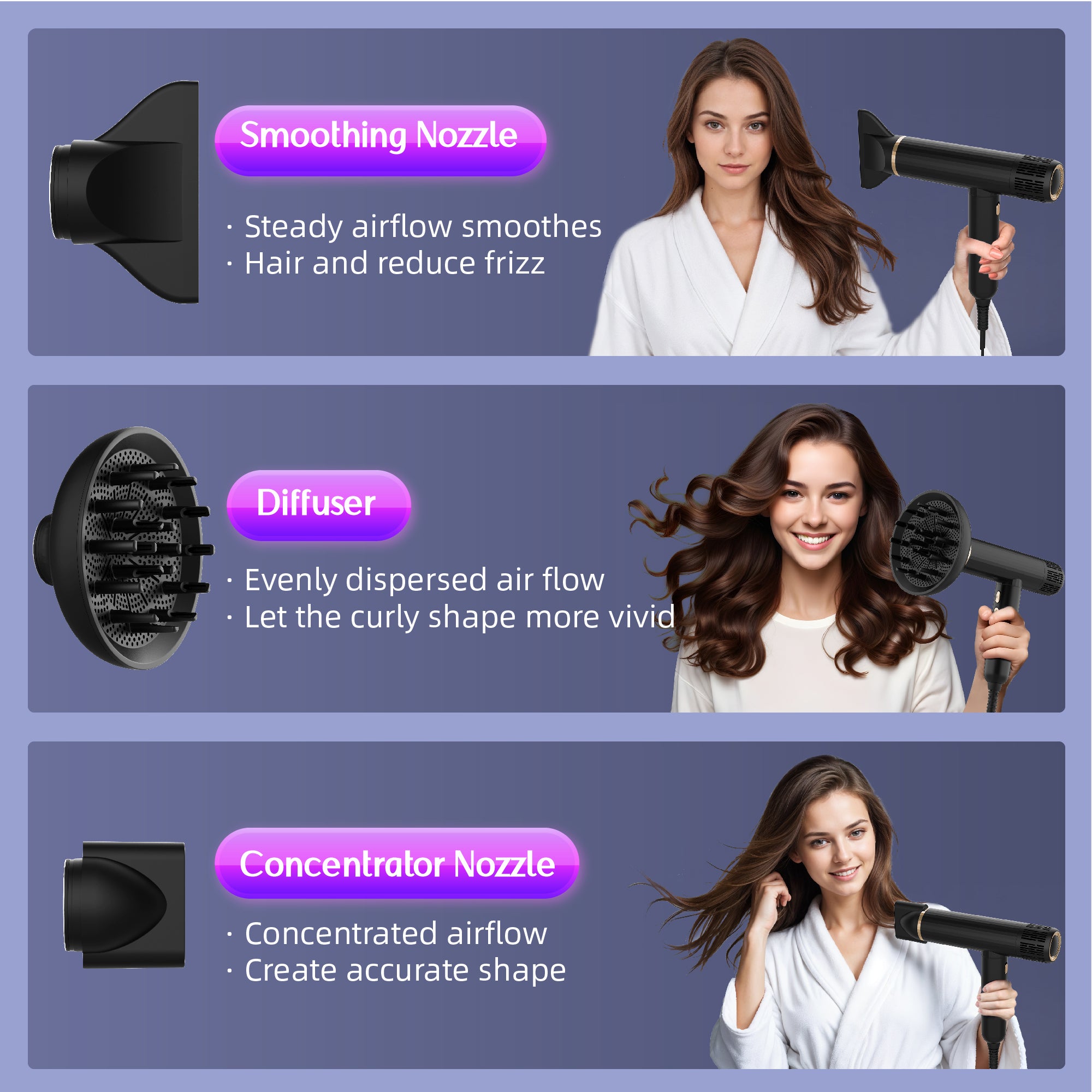 NICEBAY Hair Dryer, 110000RPM Ionic Blow Dryer, Fast Drying, Low Noise, Portable Diffuser and Nozzle, Compact Mini Blowout Dryer, Travel Blow Dryer