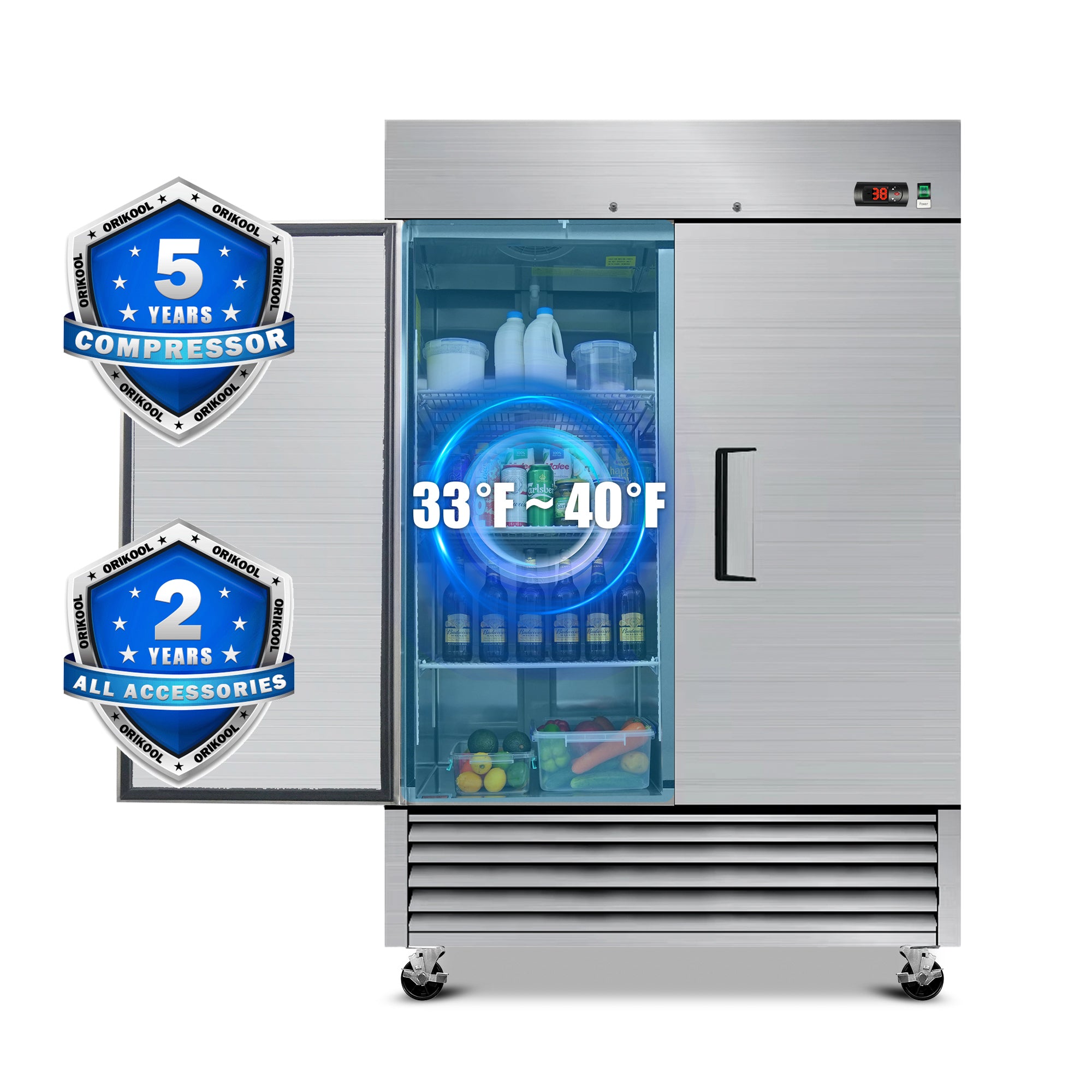 WHALL 54" Commercial Refrigerator 49 Cu.ft with 2 Solid Door Reach-In Refrigerators Stainless Steel ETL Approved Upright Fridge Storage