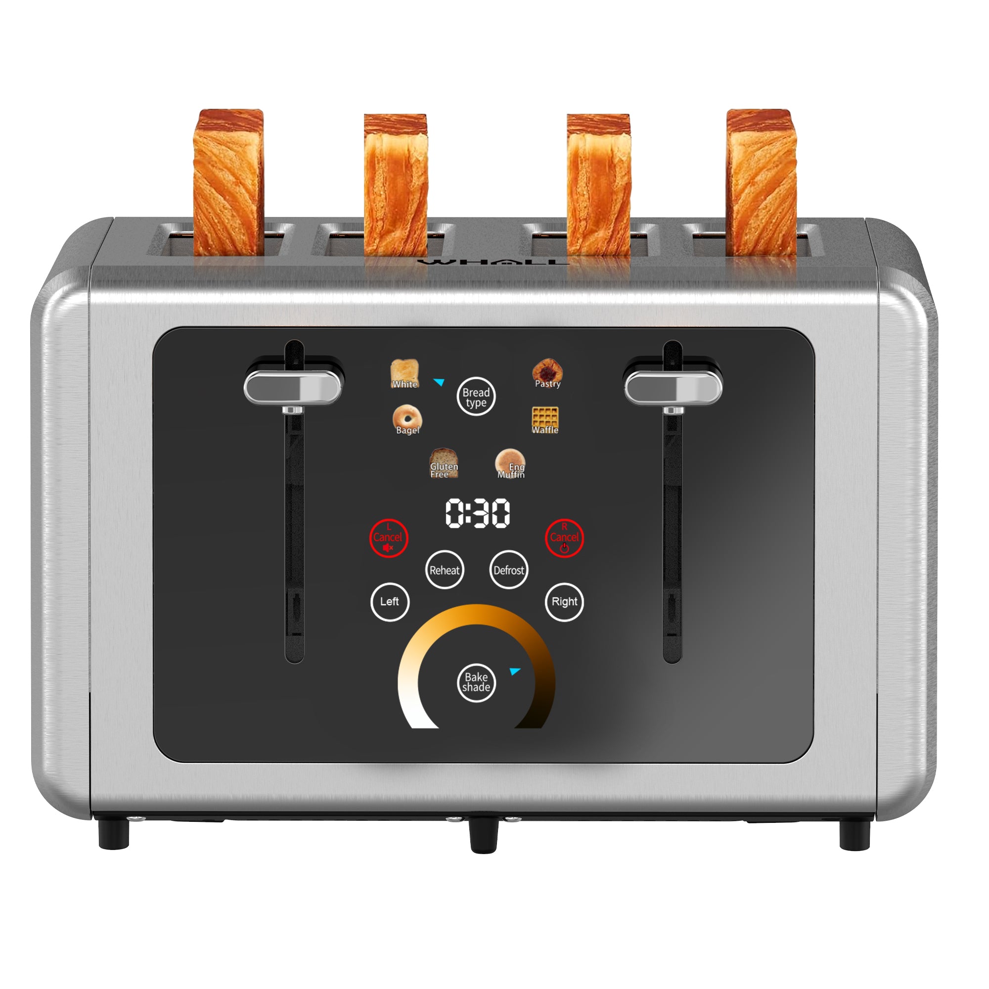 WHALL Stainless Steel Touchscreen Toaster 4 Slice, 6 Shade Settings, Bagel, Cancel, Defrost Functions