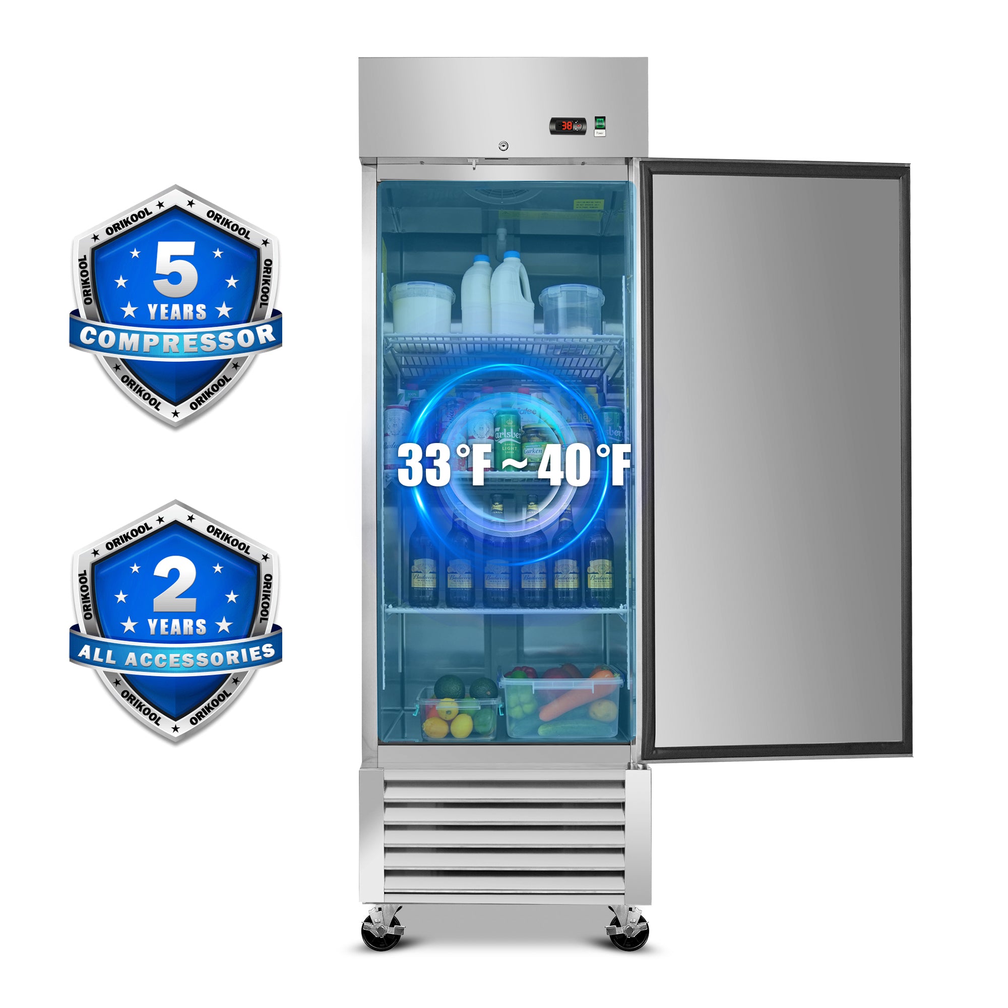 WHALL 27" Commercial Refrigerator 23 Cu.ft with 1 Solid Door Reach-In Refrigerators Stainless Steel ETL Approved Upright Fridge Storage