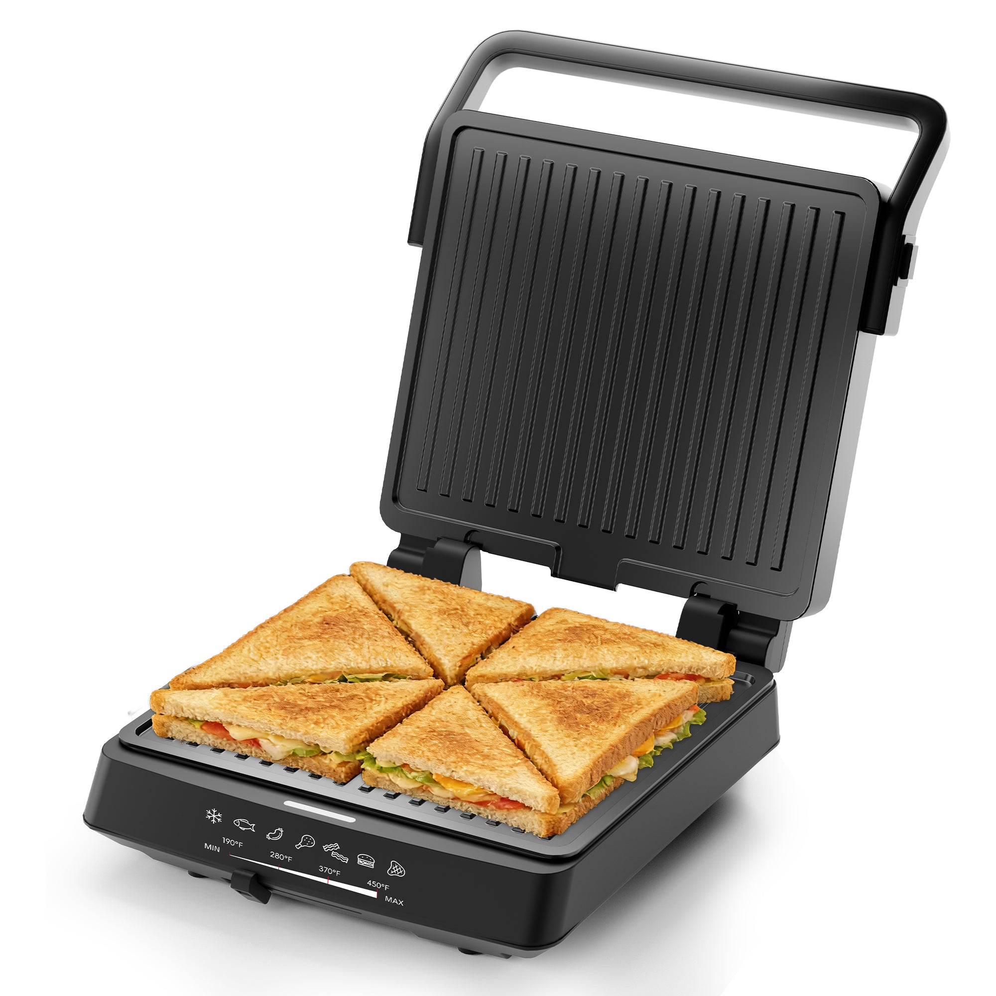 WHALL 4-in-1 1600W Indoor Grill & Electric Griddle Combo, Opens Flat to Double Cooking Surface, Removable Nonstick Plates, Black