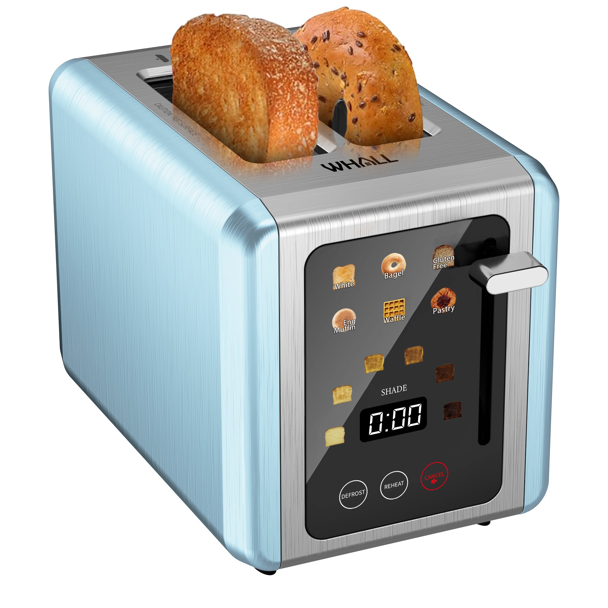 WHALLULTRA 2-Slice Touchscreen Toaster, Stainless Steel, 1.5" Wide Slots, Bagel/Defrost, 850W, Blue