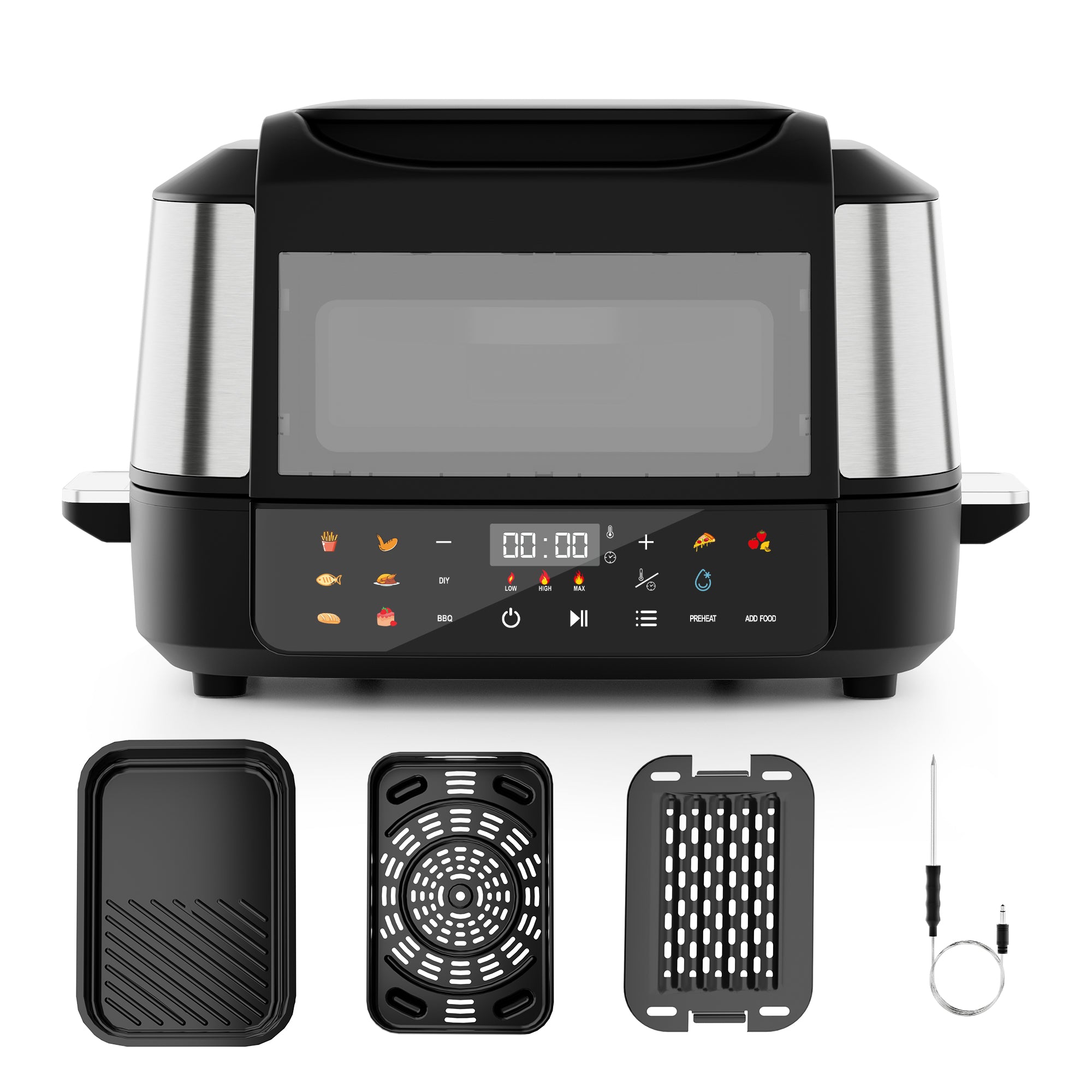 WHALL Indoor Grill 12-in-1 with Air Fry, Roast, Bake, Broil, Pizza, BBQ, Dehydrate, 1800W, Black
