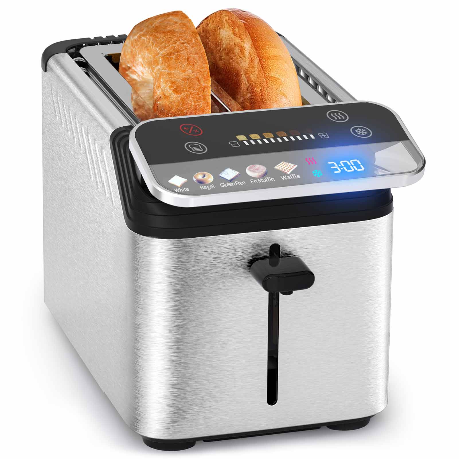 WHALL Touchscreen 2 Slice Toasters with Projection Display, 1.5‘’ wide slots, Bagle / Reheat/Defrost Stainless Steel