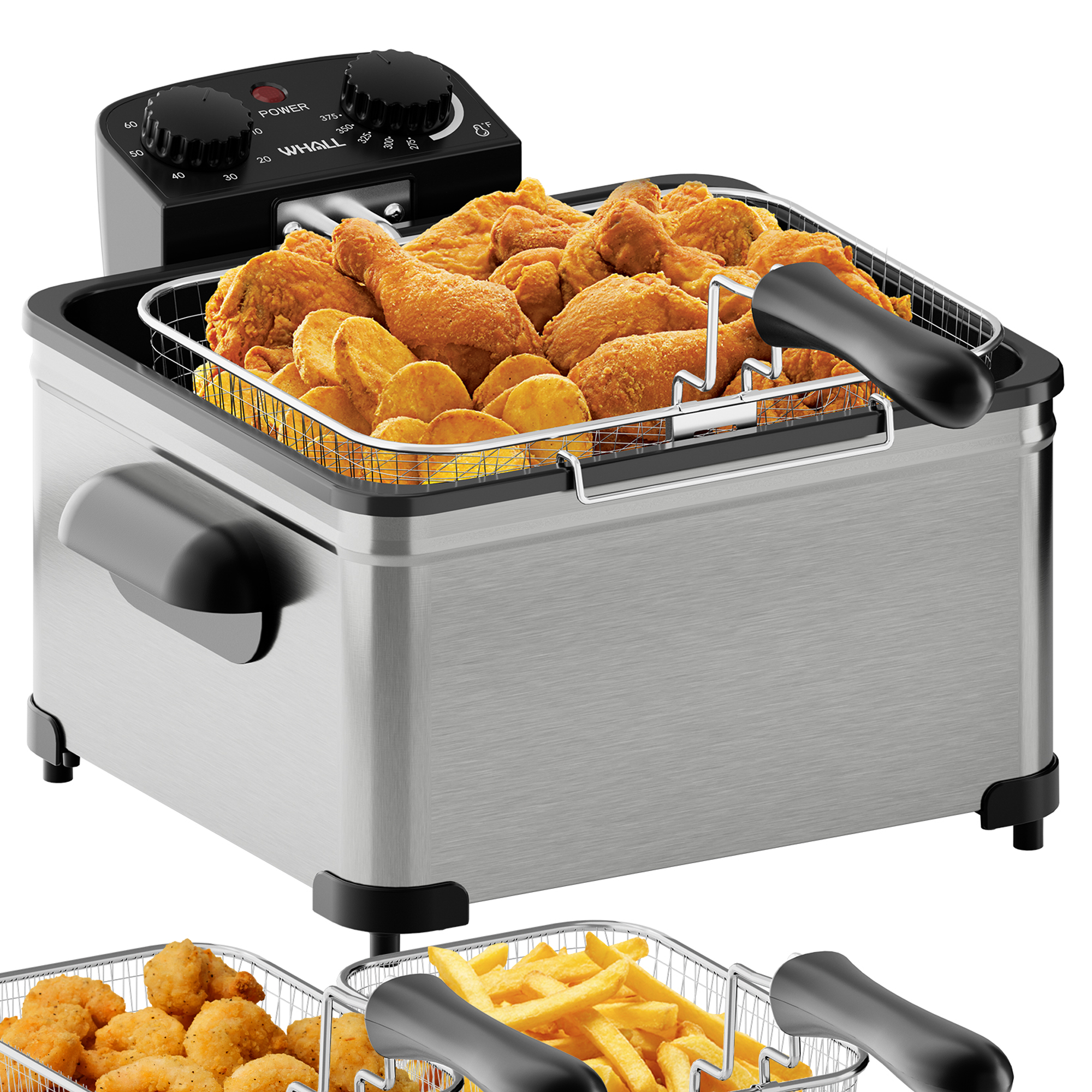 WHALL Deep Fryer with 3 Baskets,5 L/21 Cups Oil Capacity,Temperature Control,Stainless Steel,1700 W