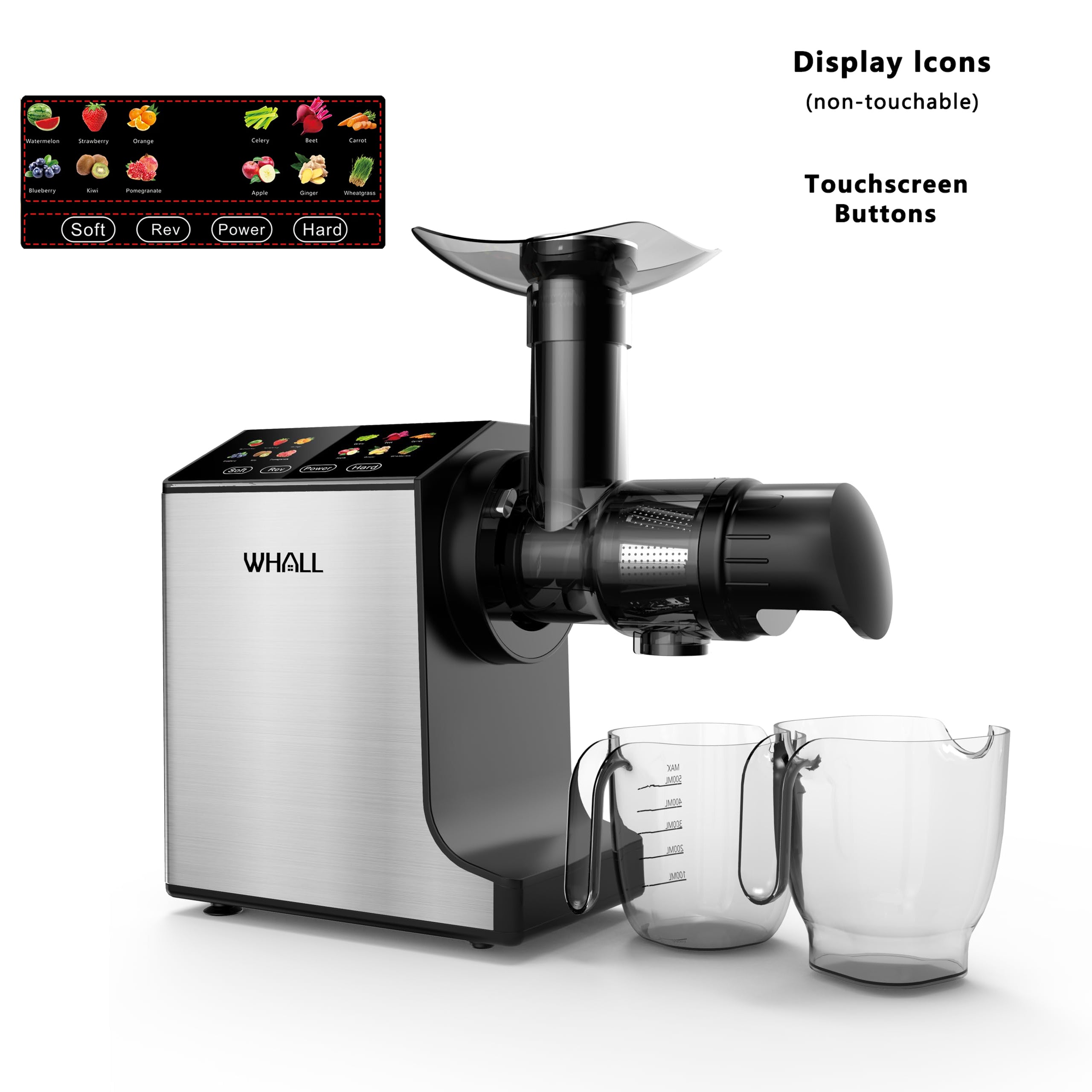 WHALL Cold Press Juicer Machine, Wide Feed Chute, High Juice Yield, Stainless Steel Masticating Juicer