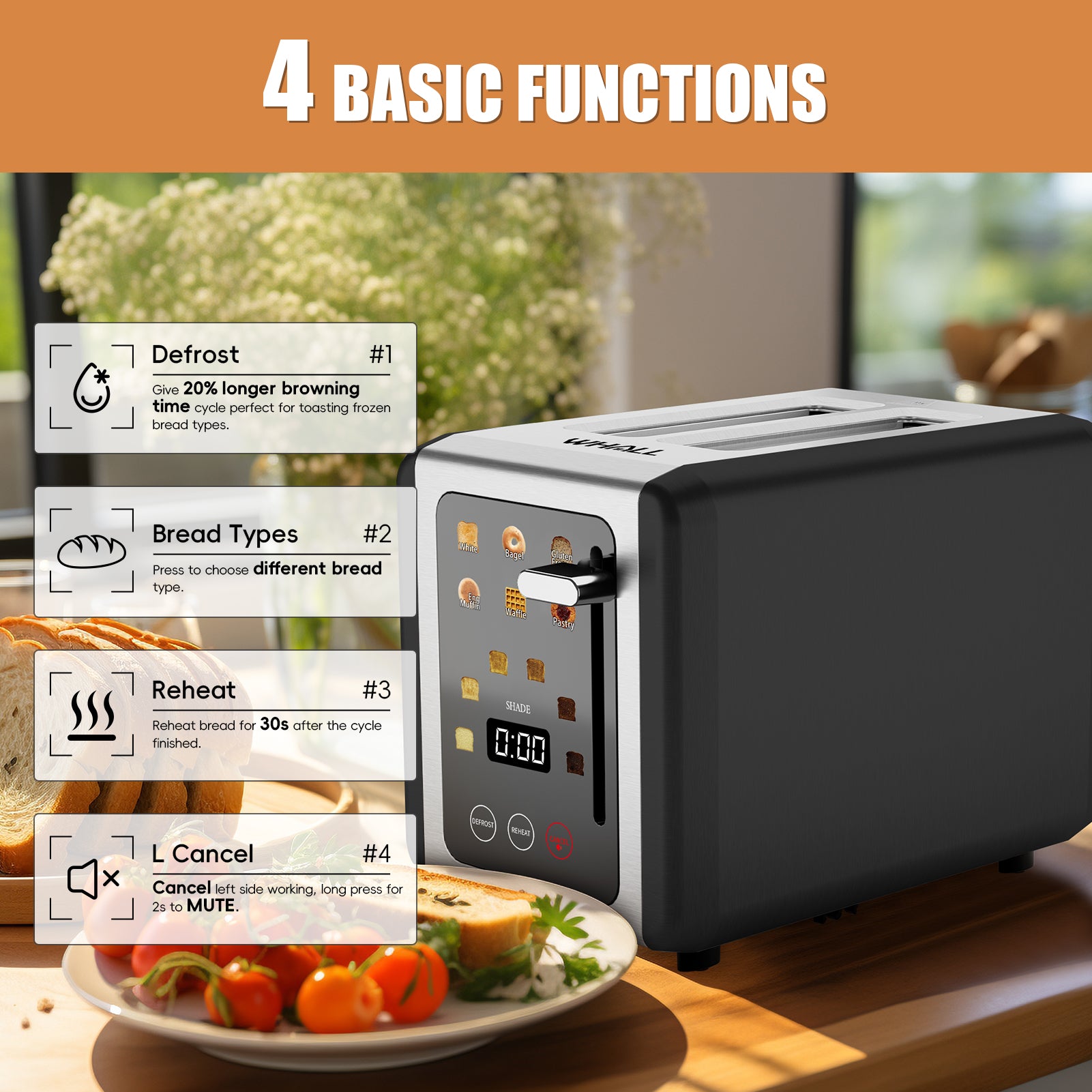 WHALLULTRA 2 Slice Touchscreen Toaster - 1.5" Wide Slots, Stainless Steel Body, Bagel/Defrost Modes, 850W Efficient Toaster, Black